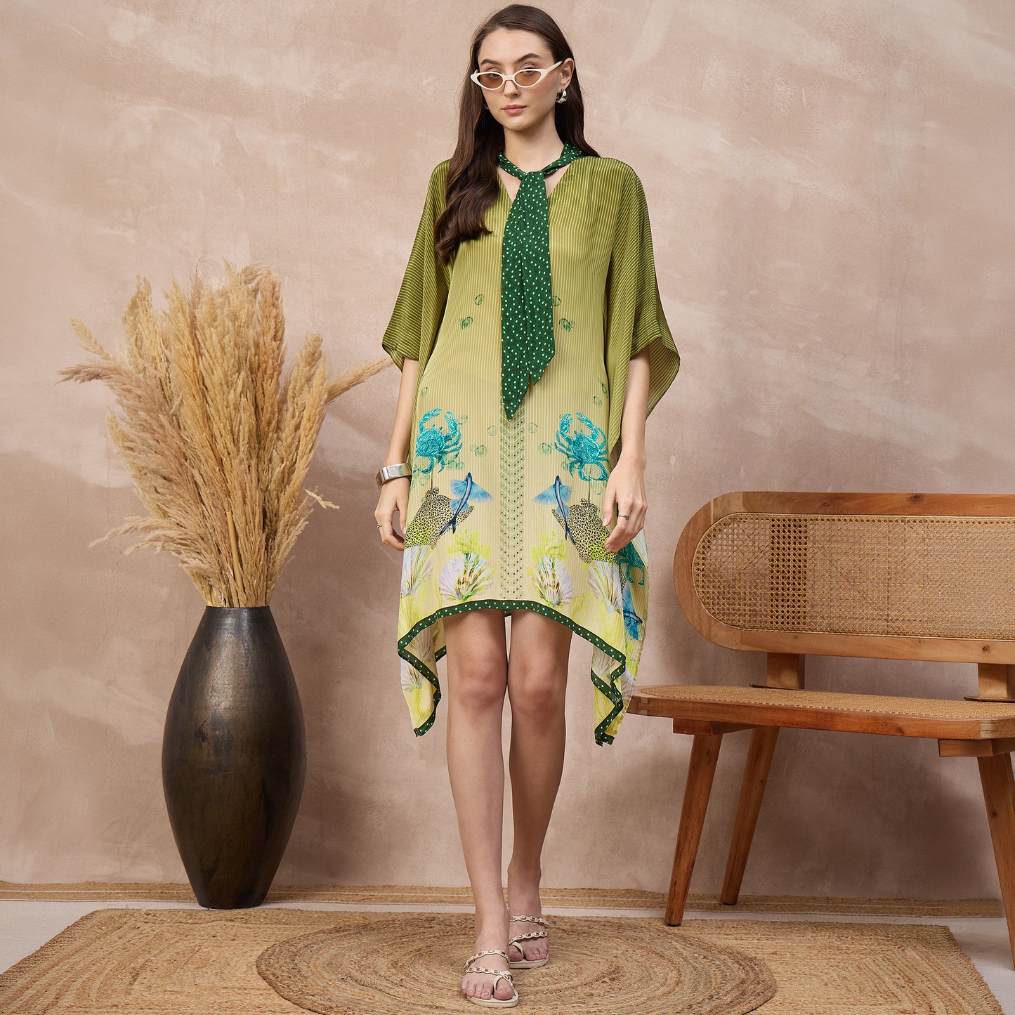 Green Marine Print Kaftan for Women – Viscose Crepe – Front View | First Resort by Ramola Bachchan