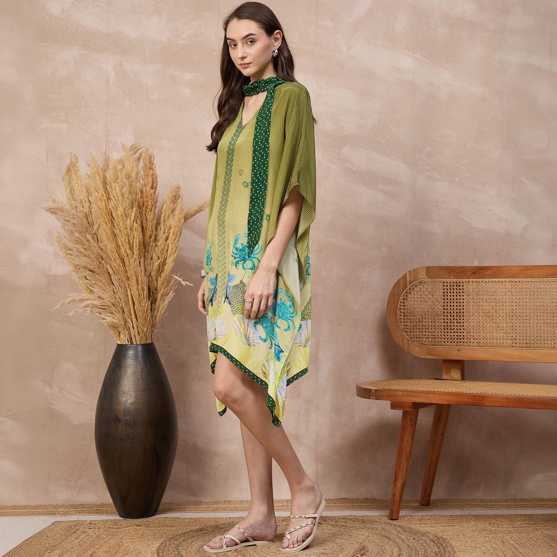 Green Marine Print Kaftan for Women – Viscose Crepe – Model View | First Resort by Ramola Bachchan
