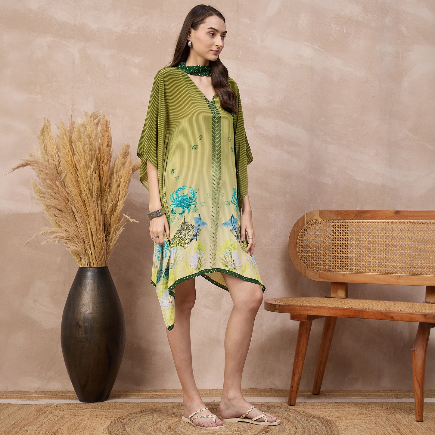 Green Marine Print Kaftan for Women – Viscose Crepe – Side View | First Resort by Ramola Bachchan
