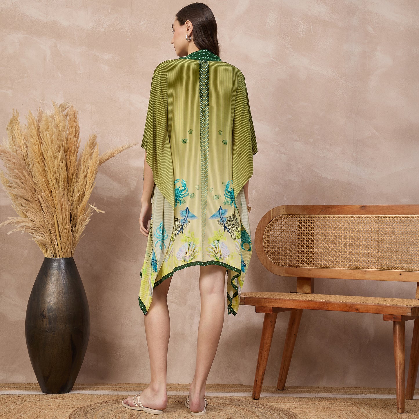 Green Marine Print Kaftan for Women – Viscose Crepe – Detail View | First Resort by Ramola Bachchan
