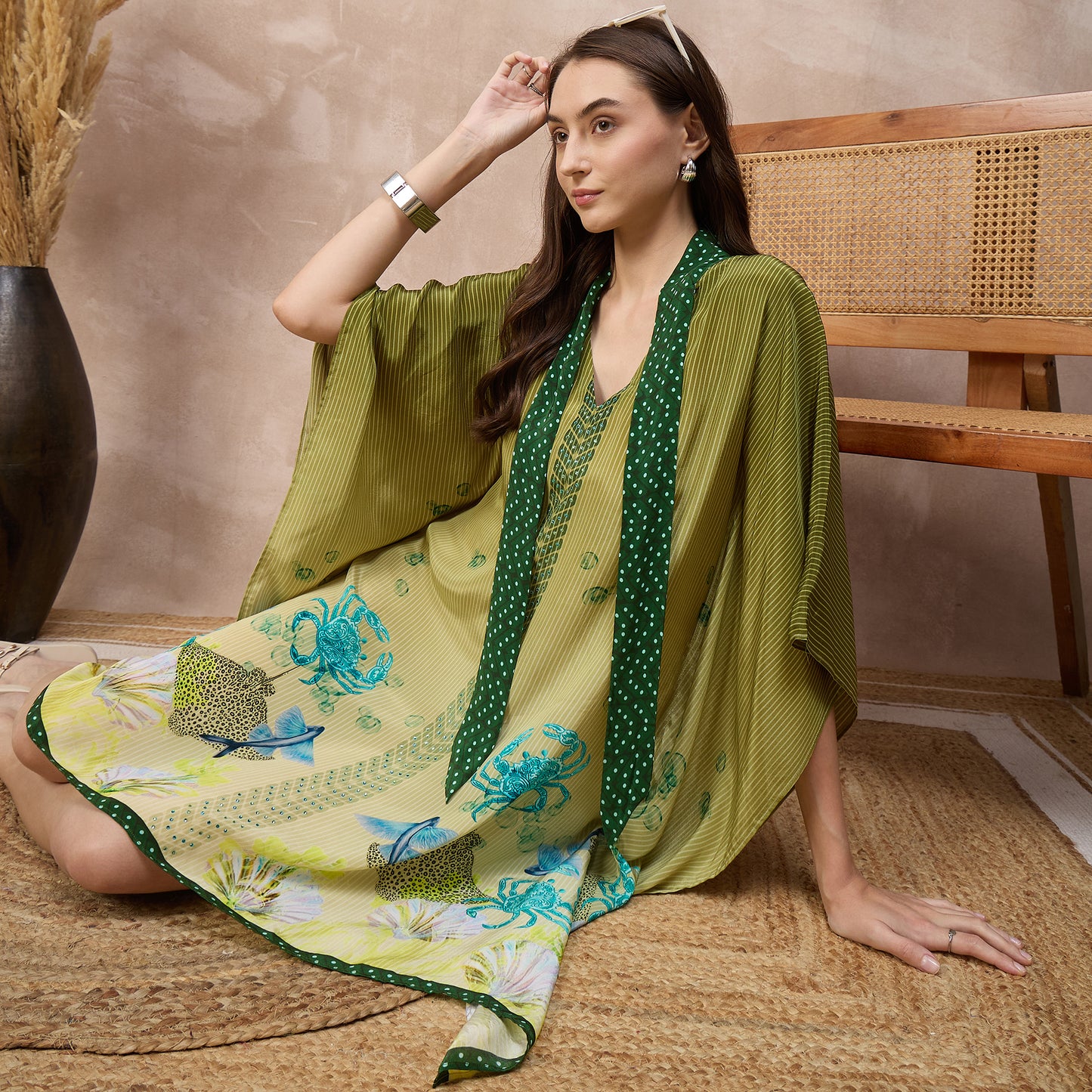 Green Marine Print Kaftan for Women – Viscose Crepe – Back View | First Resort by Ramola Bachchan