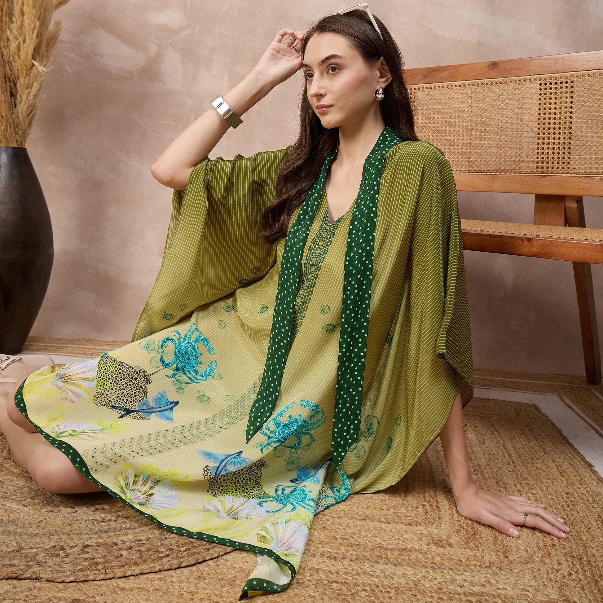Green Marine Print Kaftan for Women – Viscose Crepe – Back View | First Resort by Ramola Bachchan