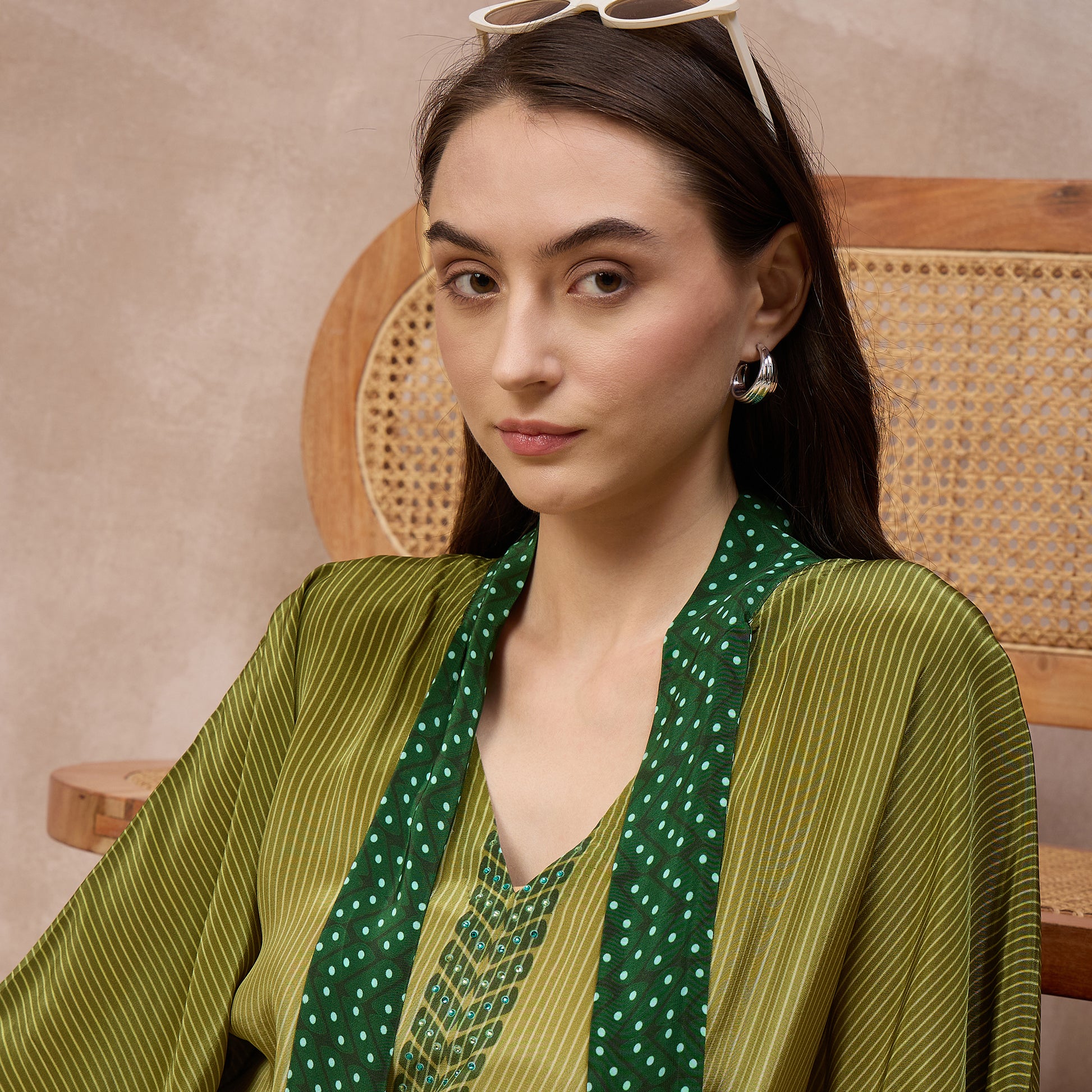 Green Marine Print Kaftan for Women – Viscose Crepe – Close Up | First Resort by Ramola Bachchan