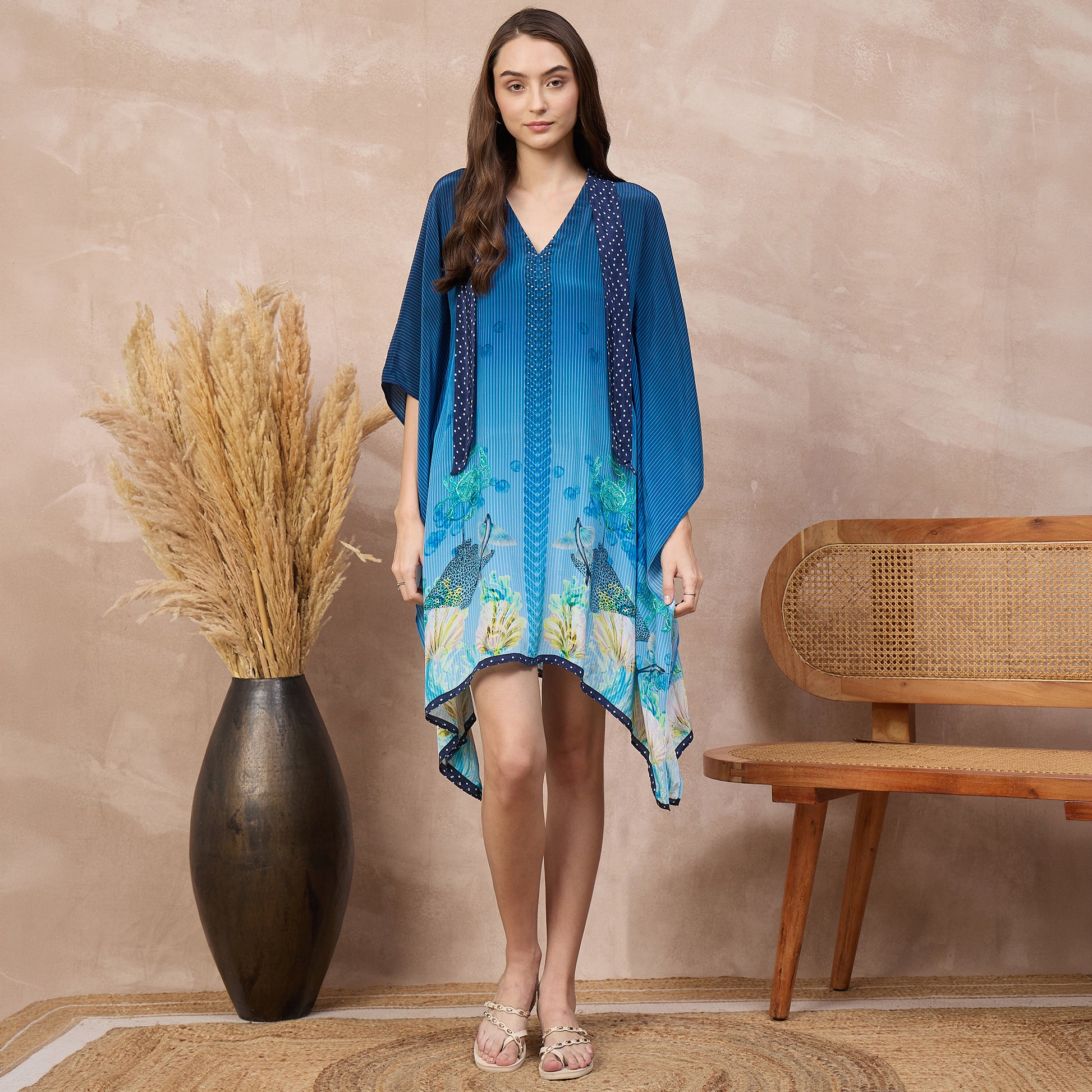 Navy Blue Marine Print Kaftan for Women – Viscose Crepe | First Resort by Ramola Bachchan