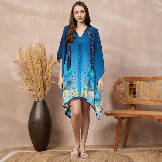 Navy Blue Marine Print Kaftan for Women – Viscose Crepe | First Resort by Ramola Bachchan