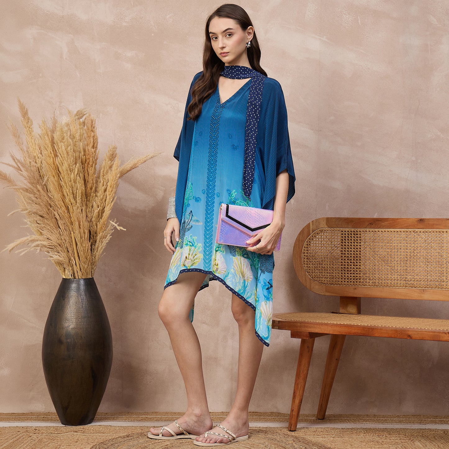 Navy Blue Marine Print Kaftan for Women – Viscose Crepe – Front View | First Resort by Ramola Bachchan