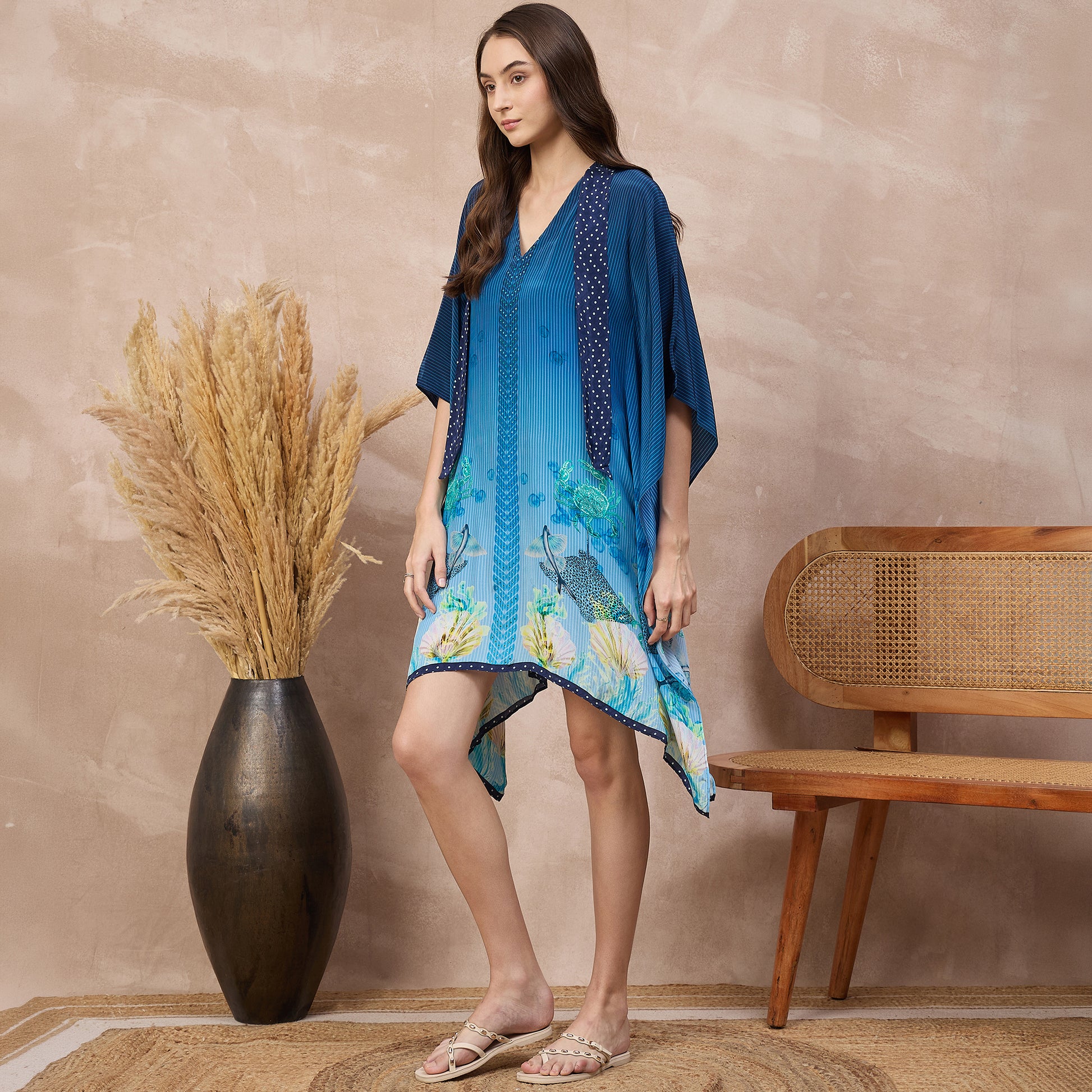 Navy Blue Marine Print Kaftan for Women – Viscose Crepe – Model View | First Resort by Ramola Bachchan