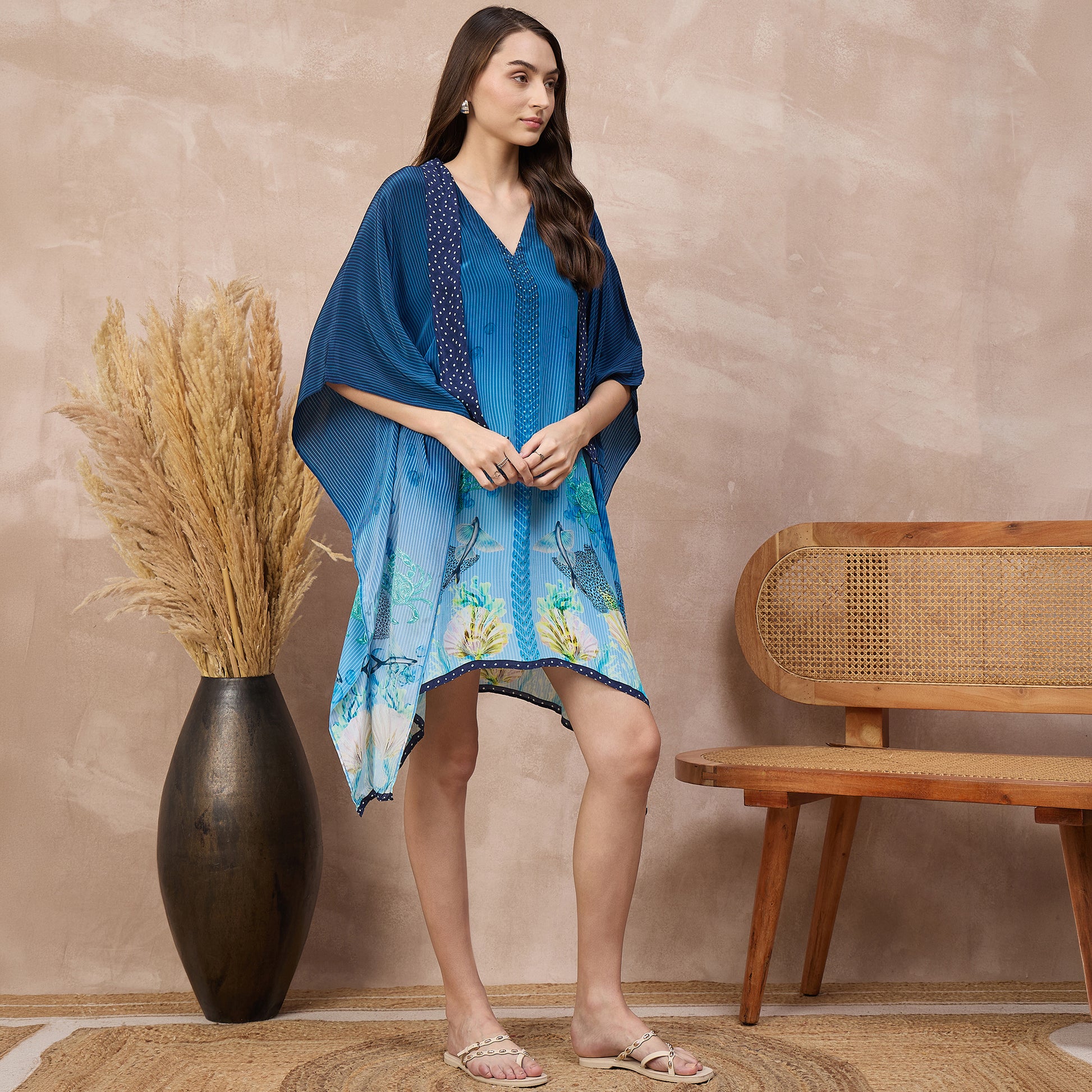 Navy Blue Marine Print Kaftan for Women – Viscose Crepe – Side View | First Resort by Ramola Bachchan