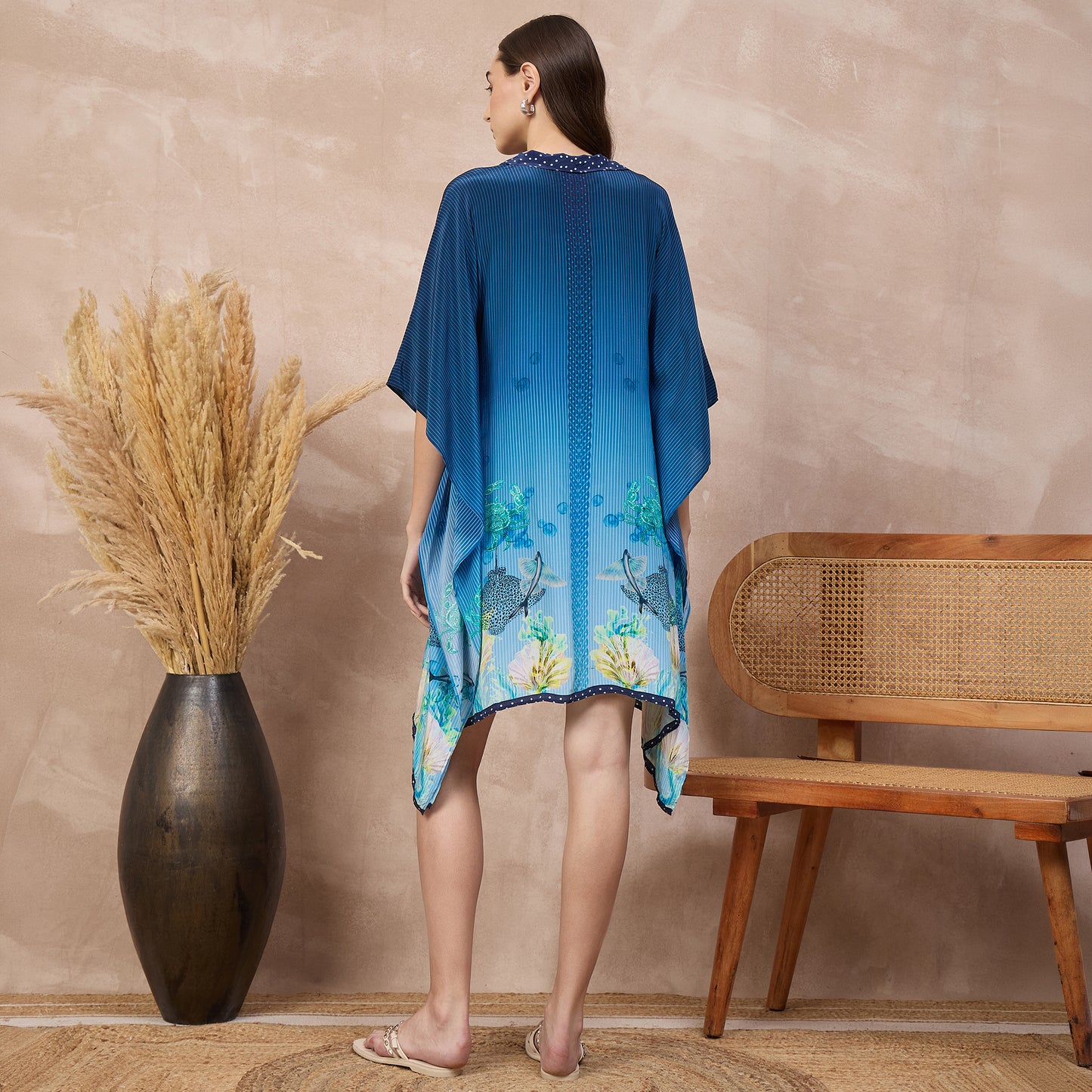 Navy Blue Marine Print Kaftan for Women – Viscose Crepe – Detail View | First Resort by Ramola Bachchan