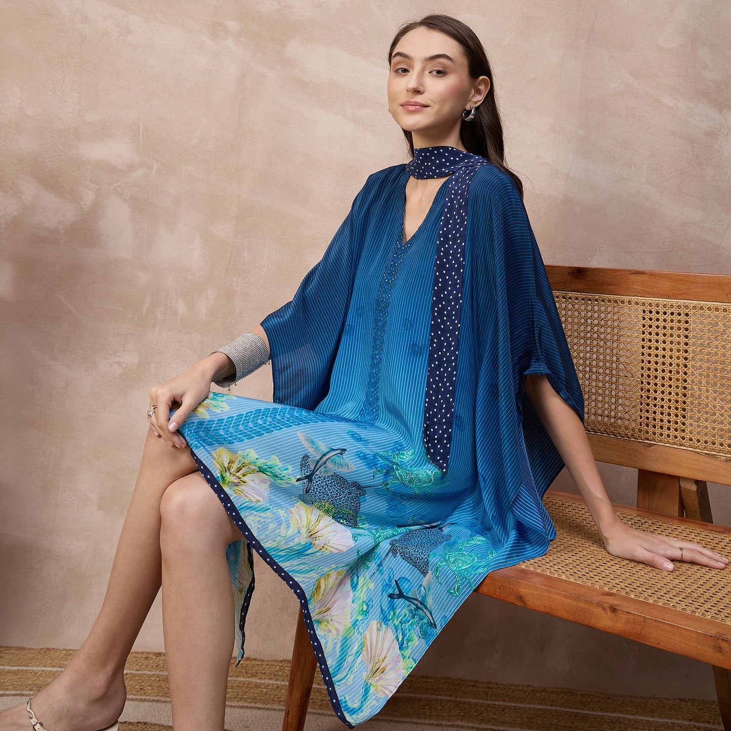 Navy Blue Marine Print Kaftan for Women – Viscose Crepe – Back View | First Resort by Ramola Bachchan