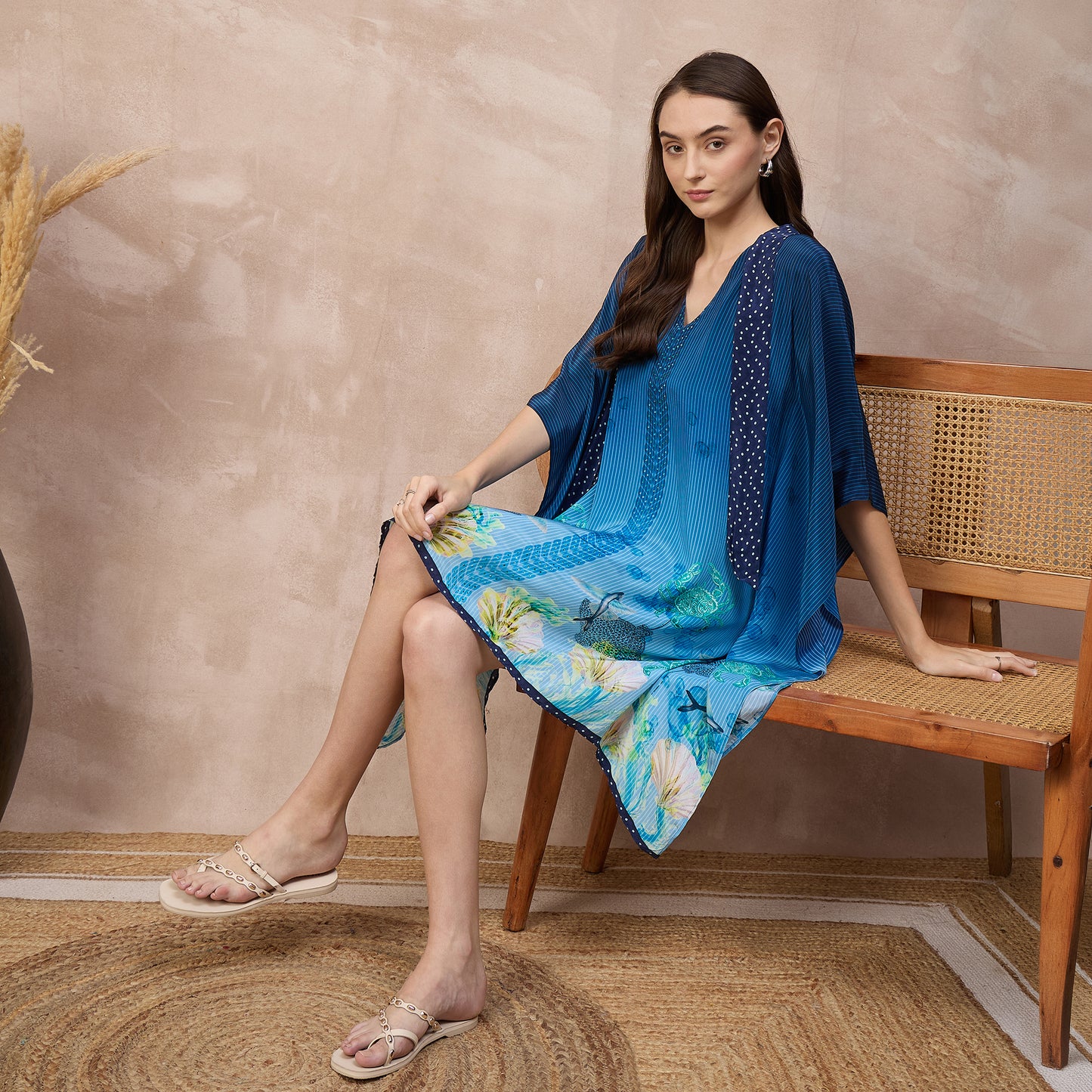 Navy Blue Marine Print Kaftan for Women – Viscose Crepe – Close Up | First Resort by Ramola Bachchan