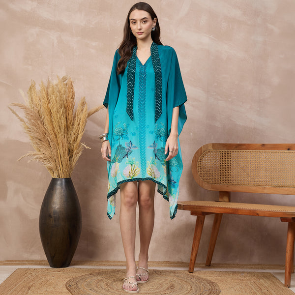 Teal Marine Print Kaftan for Women – Viscose Crepe | First Resort by Ramola Bachchan