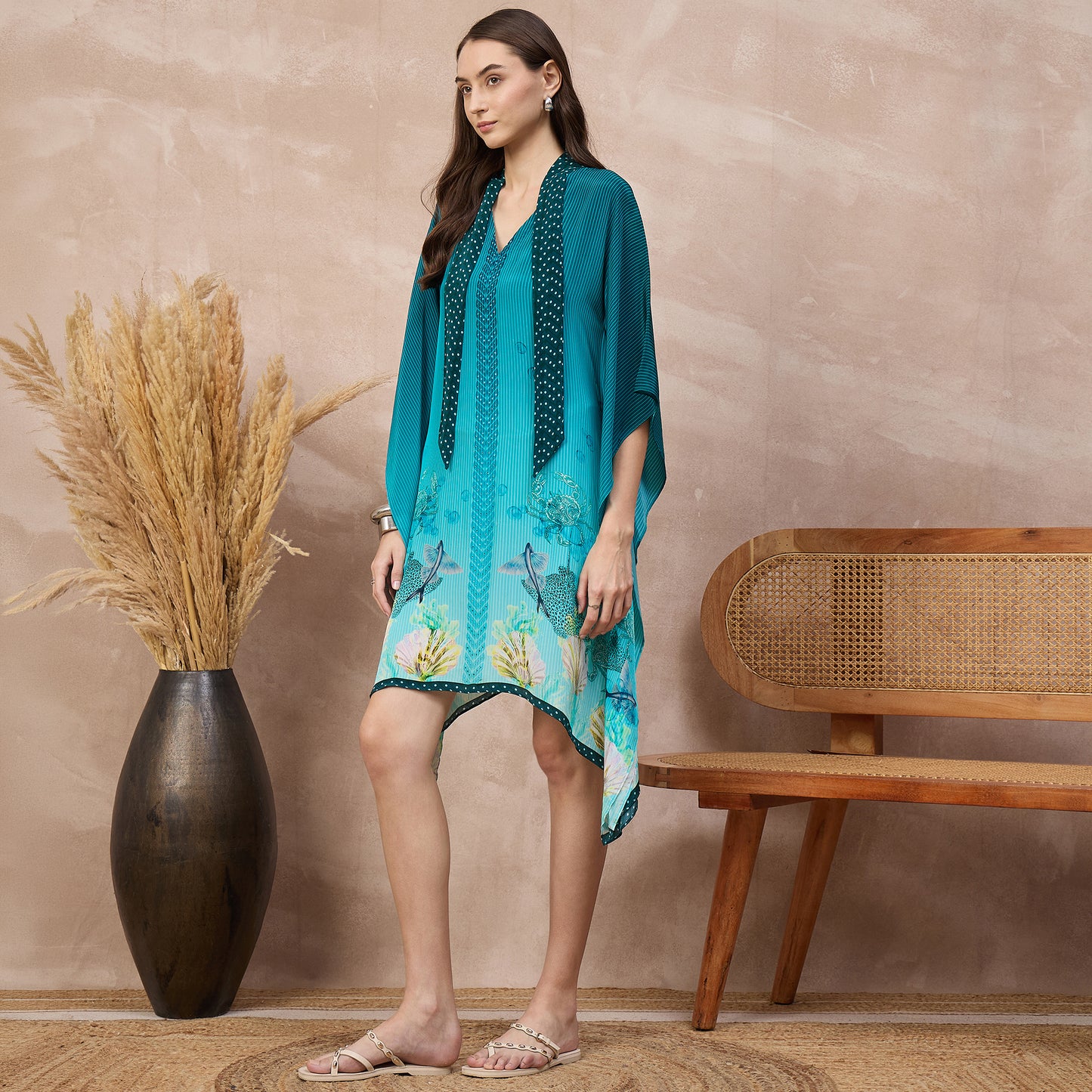 Teal Marine Print Kaftan for Women – Viscose Crepe – Model View | First Resort by Ramola Bachchan
