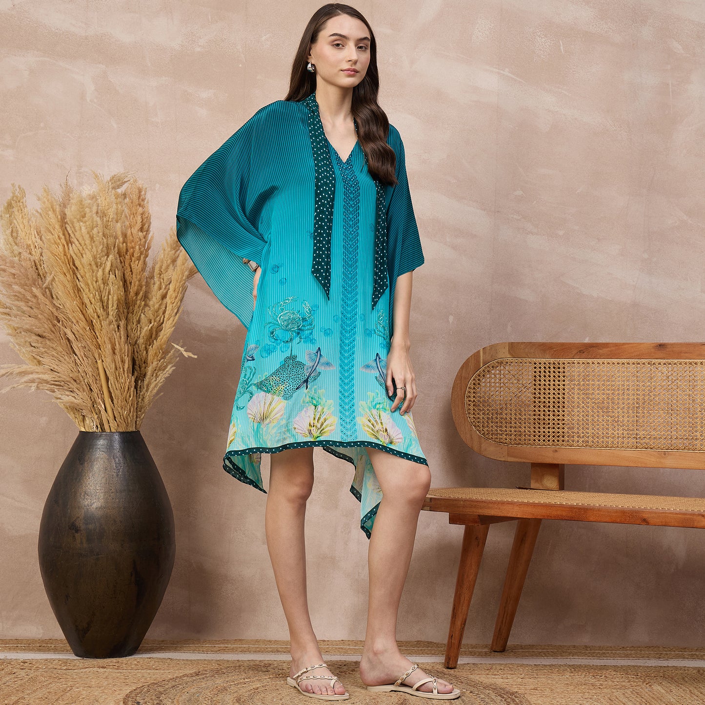 Teal Marine Print Kaftan for Women – Viscose Crepe – Side View | First Resort by Ramola Bachchan