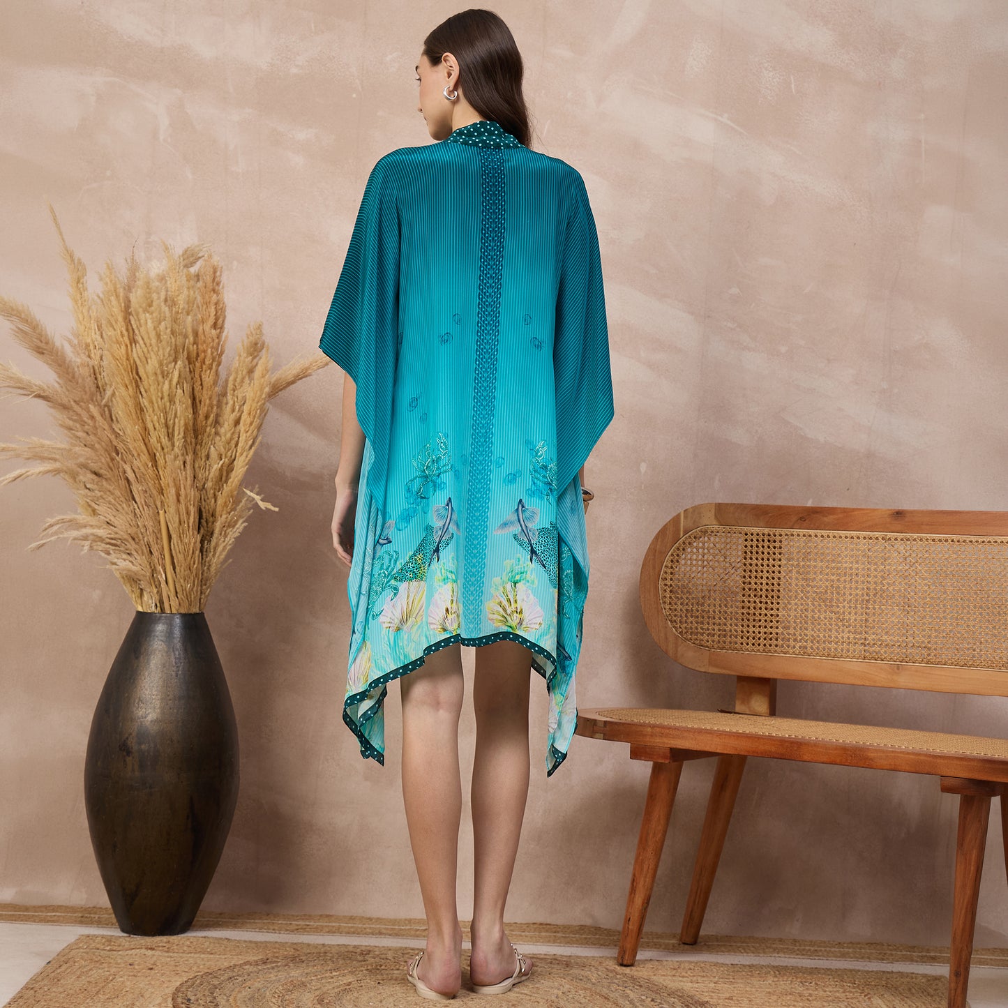 Teal Marine Print Kaftan for Women – Viscose Crepe – Detail View | First Resort by Ramola Bachchan