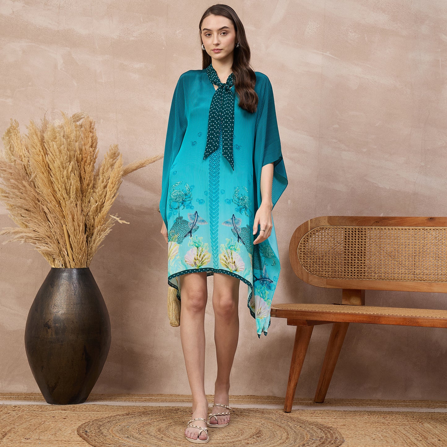 Teal Marine Print Kaftan for Women – Viscose Crepe – Back View | First Resort by Ramola Bachchan