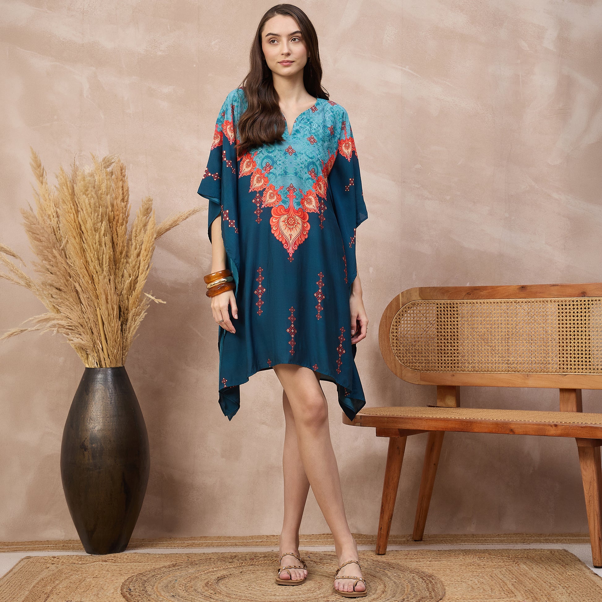 Blue Floral Print Kaftan for Women – Bamberg Muslin | First Resort by Ramola Bachchan