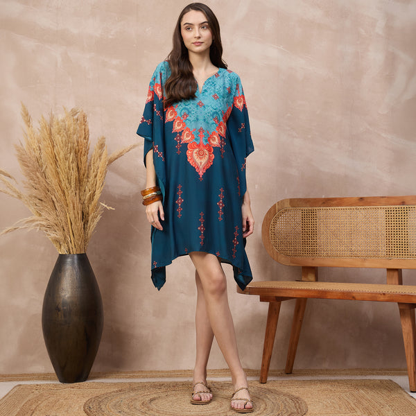 Blue Floral Print Kaftan for Women – Bamberg Muslin | First Resort by Ramola Bachchan