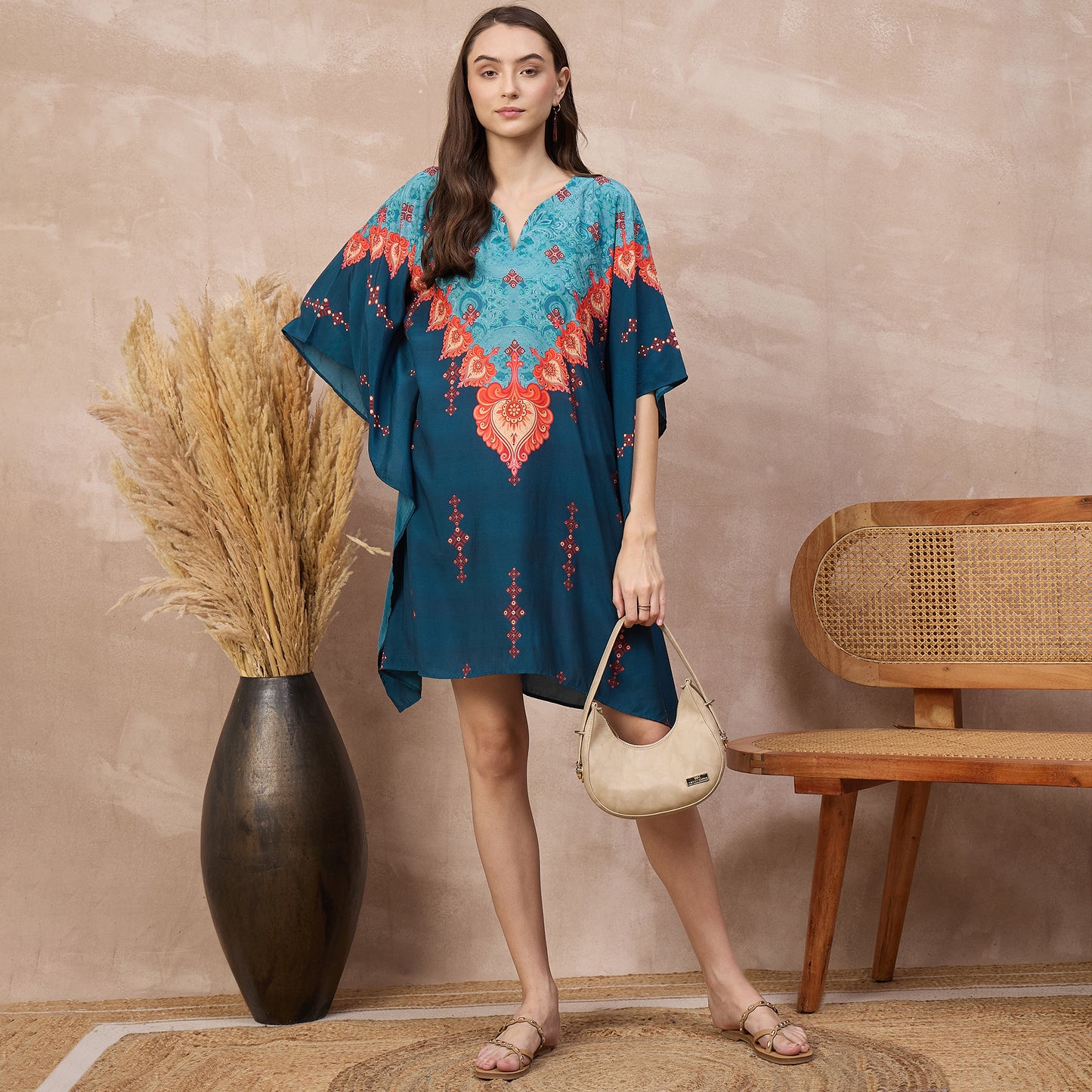 Blue Floral Print Kaftan for Women – Bamberg Muslin – Front View | First Resort by Ramola Bachchan