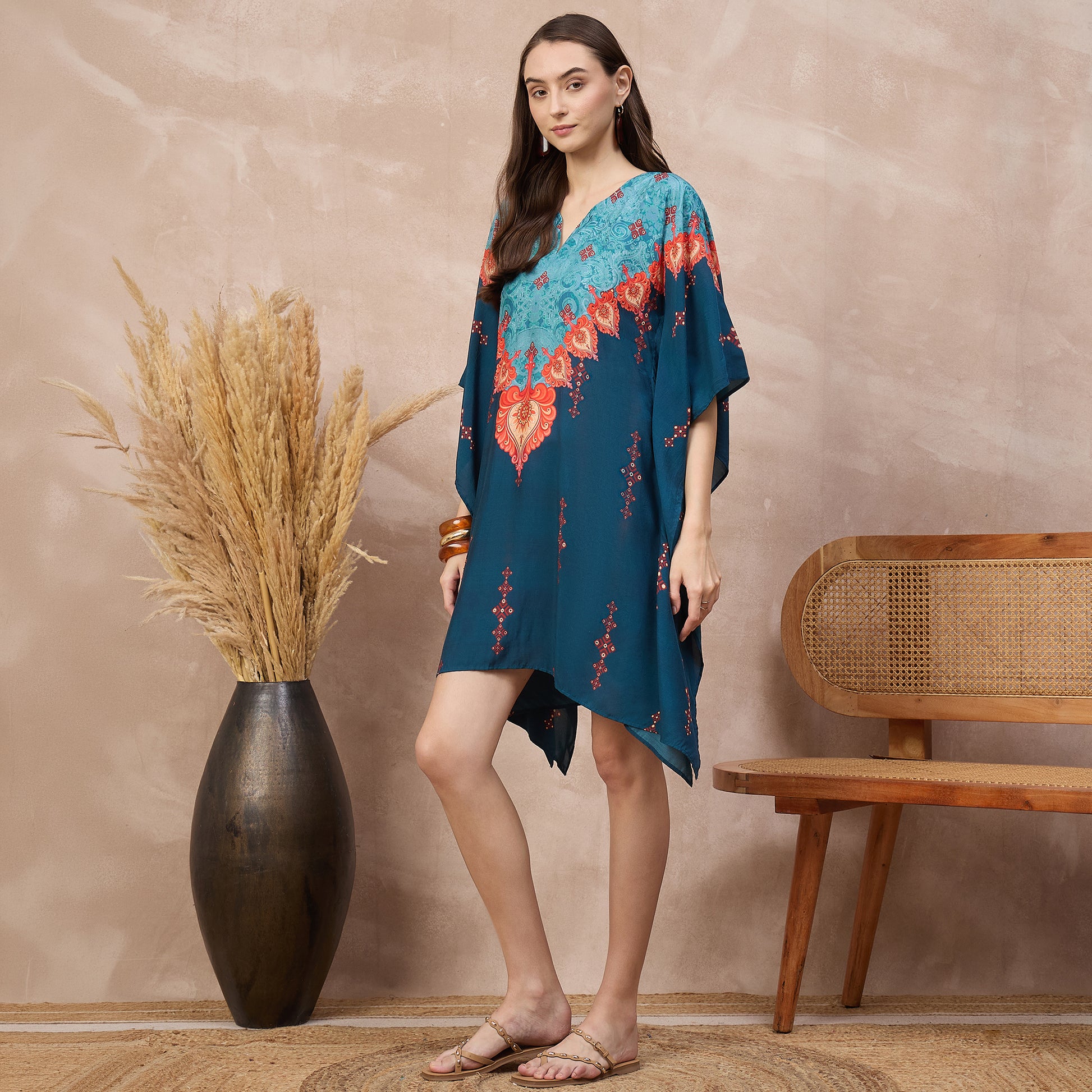 Blue Floral Print Kaftan for Women – Bamberg Muslin – Model View | First Resort by Ramola Bachchan