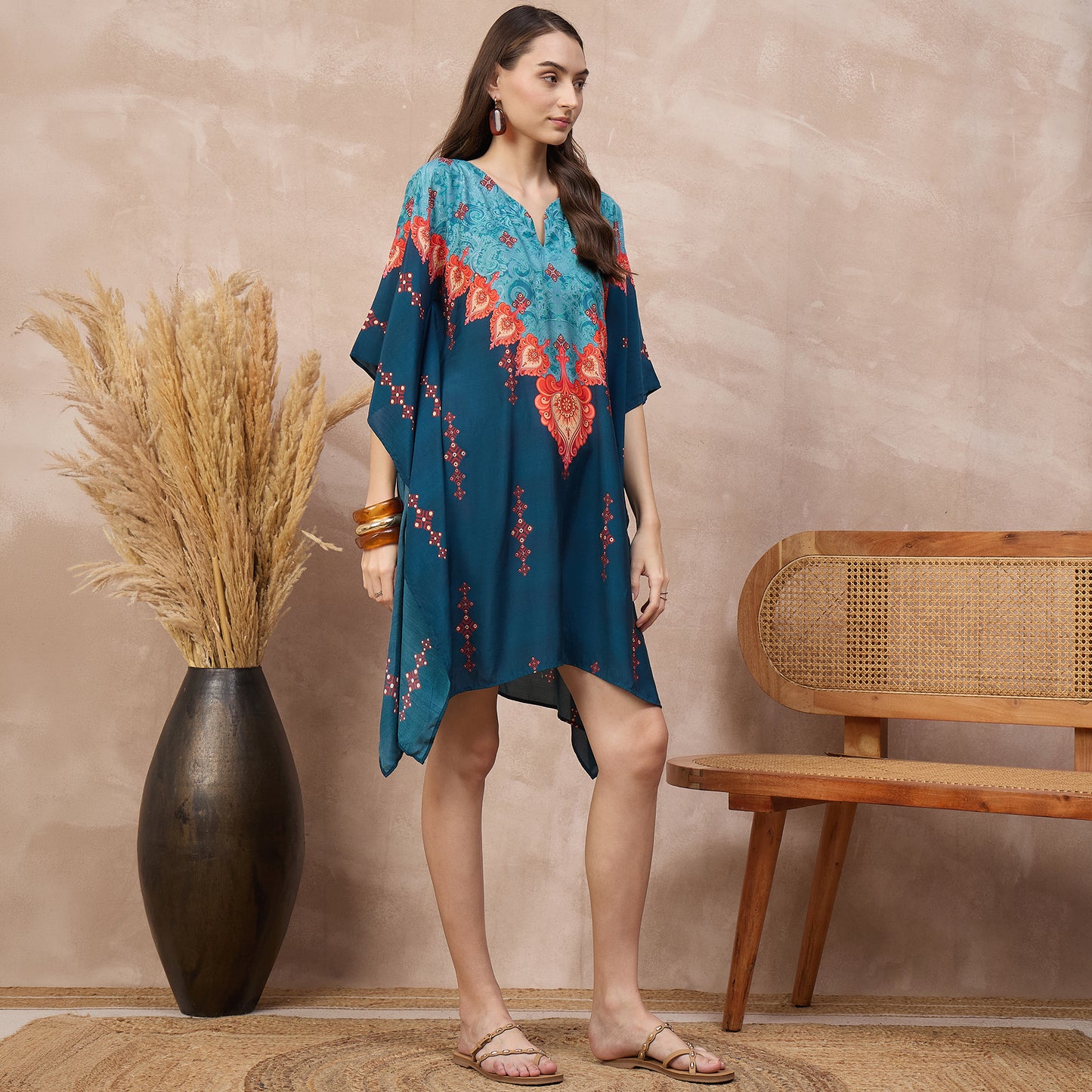 Blue Floral Print Kaftan for Women – Bamberg Muslin – Side View | First Resort by Ramola Bachchan
