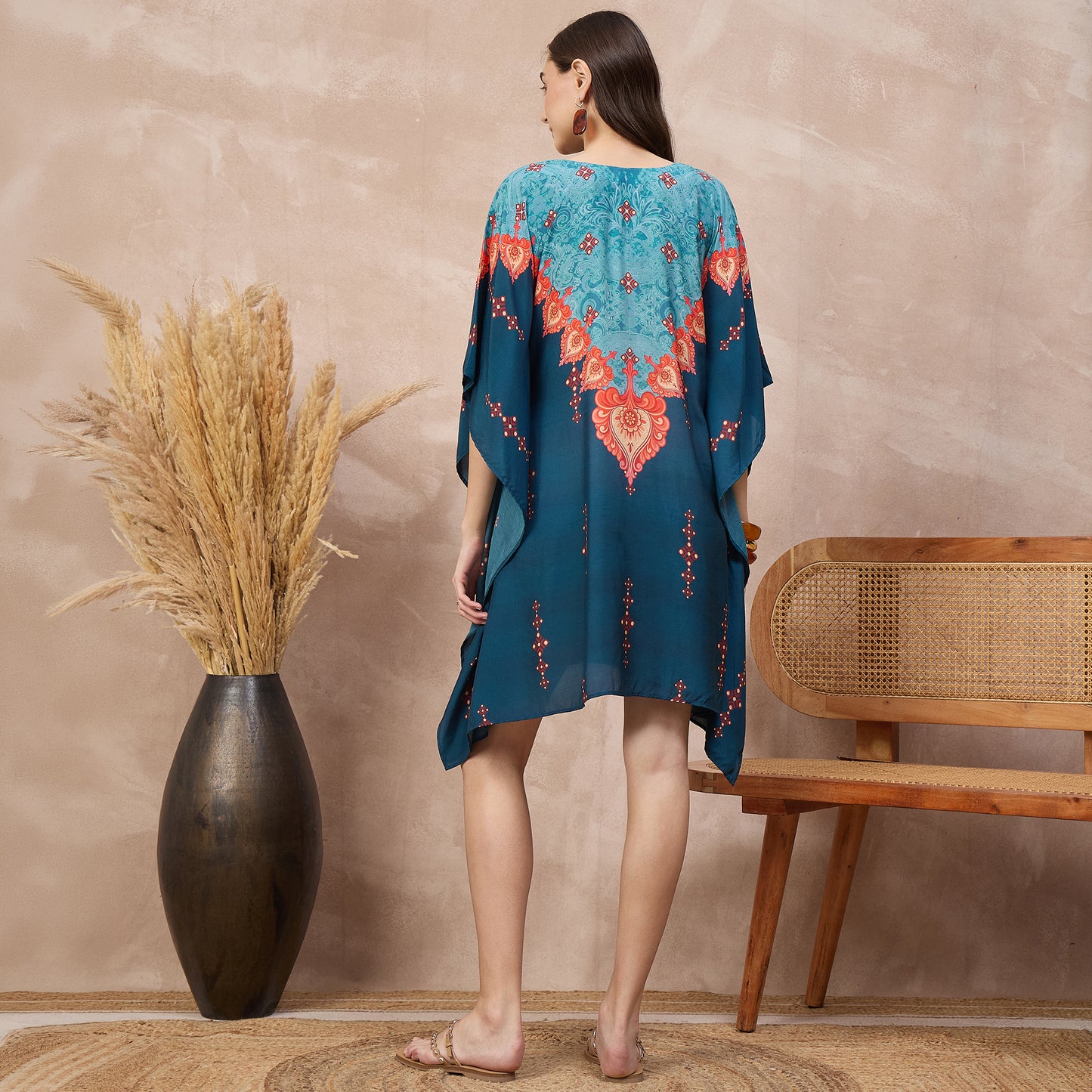 Blue Floral Print Kaftan for Women – Bamberg Muslin – Detail View | First Resort by Ramola Bachchan