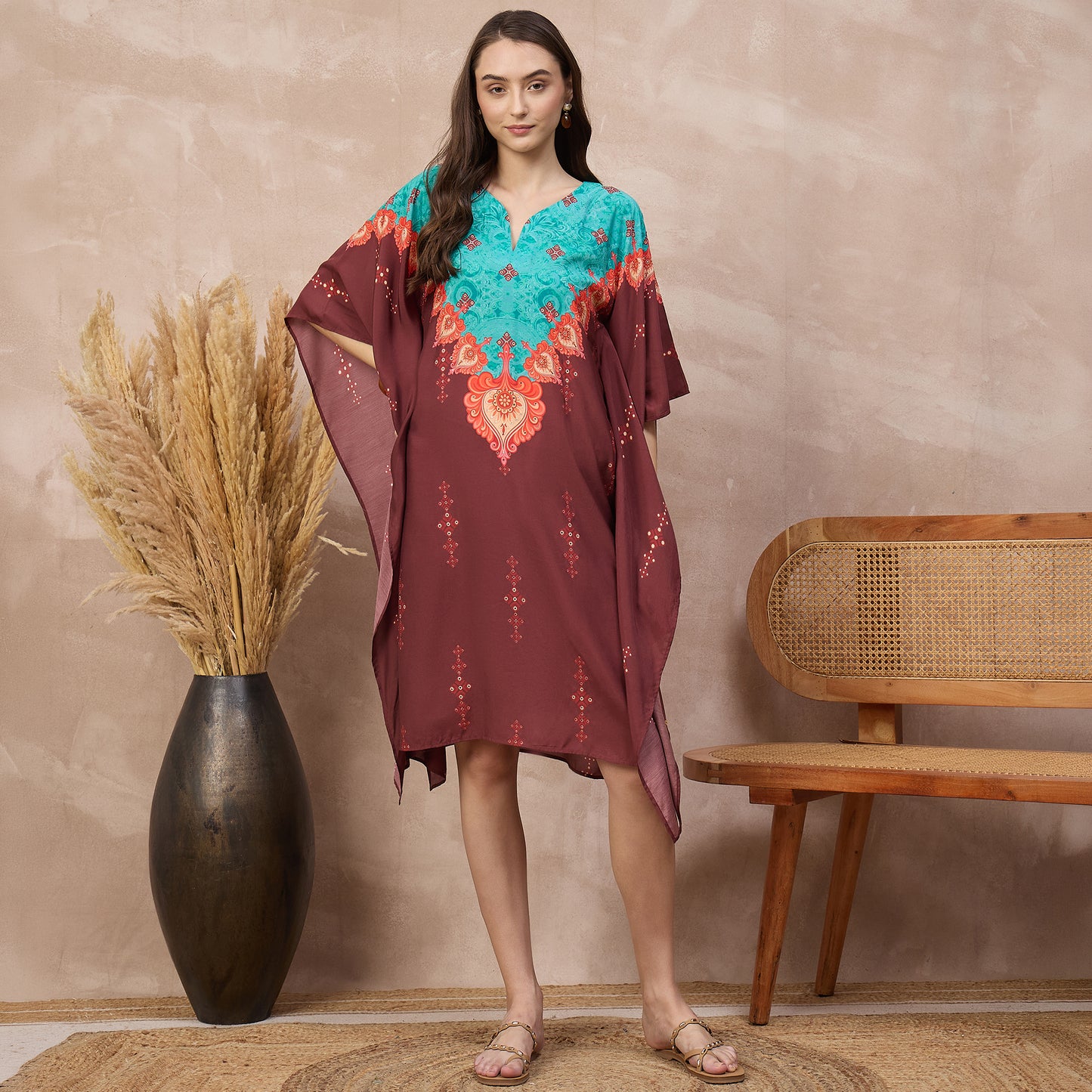 Maroon Floral Print Kaftan for Women – Bamberg Muslin | First Resort by Ramola Bachchan