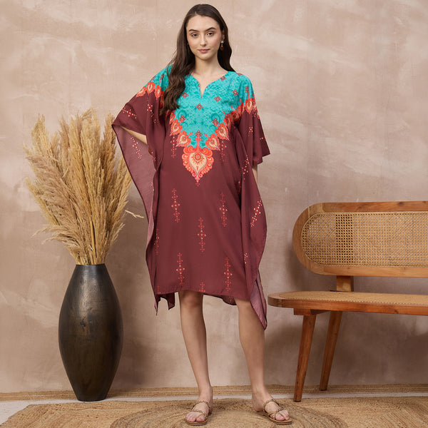 Maroon Floral Print Kaftan for Women – Bamberg Muslin | First Resort by Ramola Bachchan