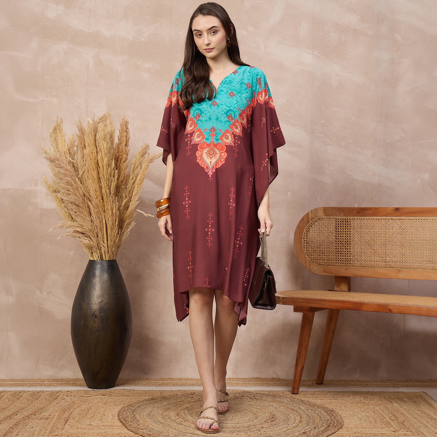 Maroon Floral Print Kaftan for Women – Bamberg Muslin – Front View | First Resort by Ramola Bachchan