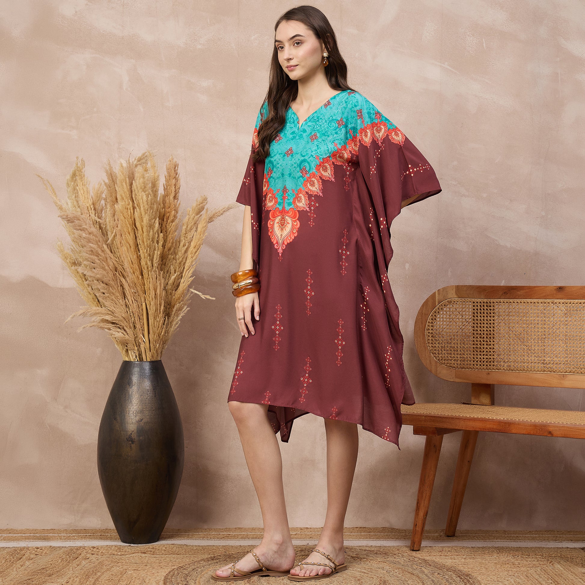Maroon Floral Print Kaftan for Women – Bamberg Muslin – Model View | First Resort by Ramola Bachchan
