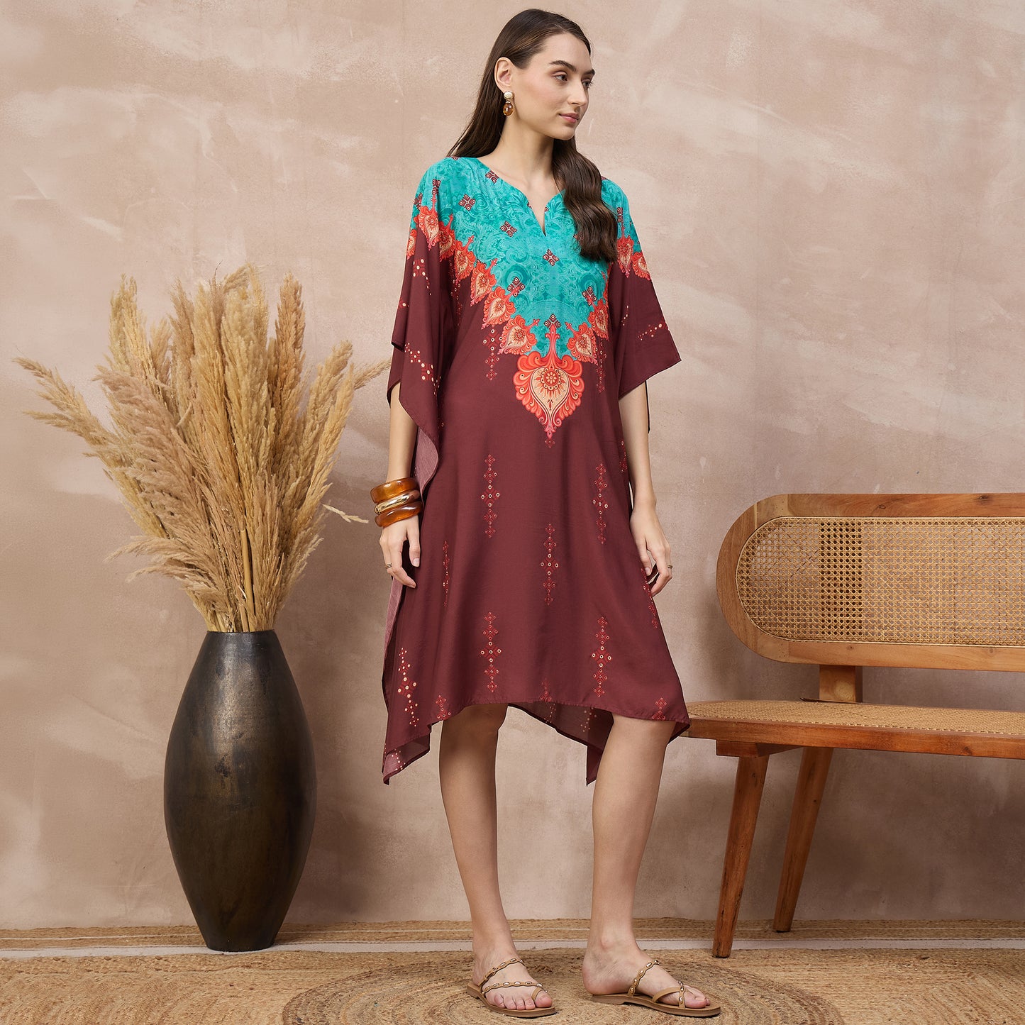 Maroon Floral Print Kaftan for Women – Bamberg Muslin – Side View | First Resort by Ramola Bachchan