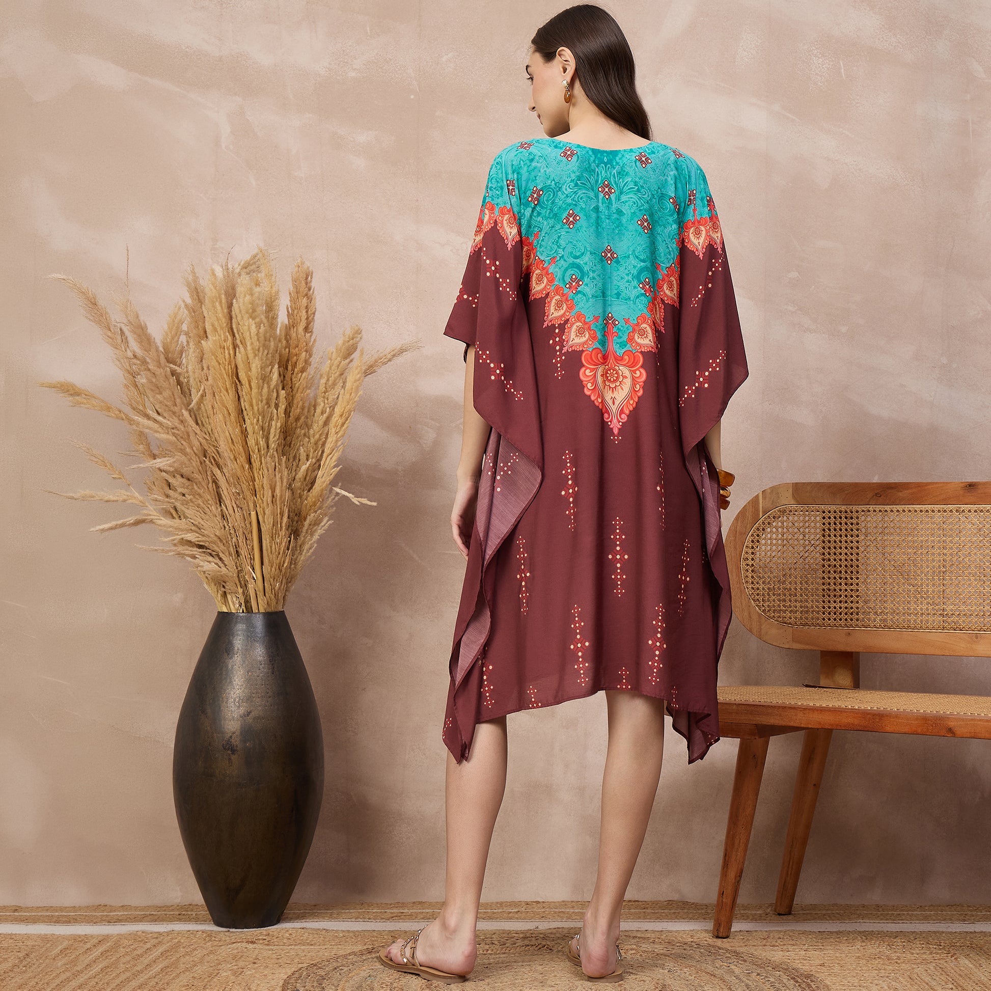 Maroon Floral Print Kaftan for Women – Bamberg Muslin – Detail View | First Resort by Ramola Bachchan