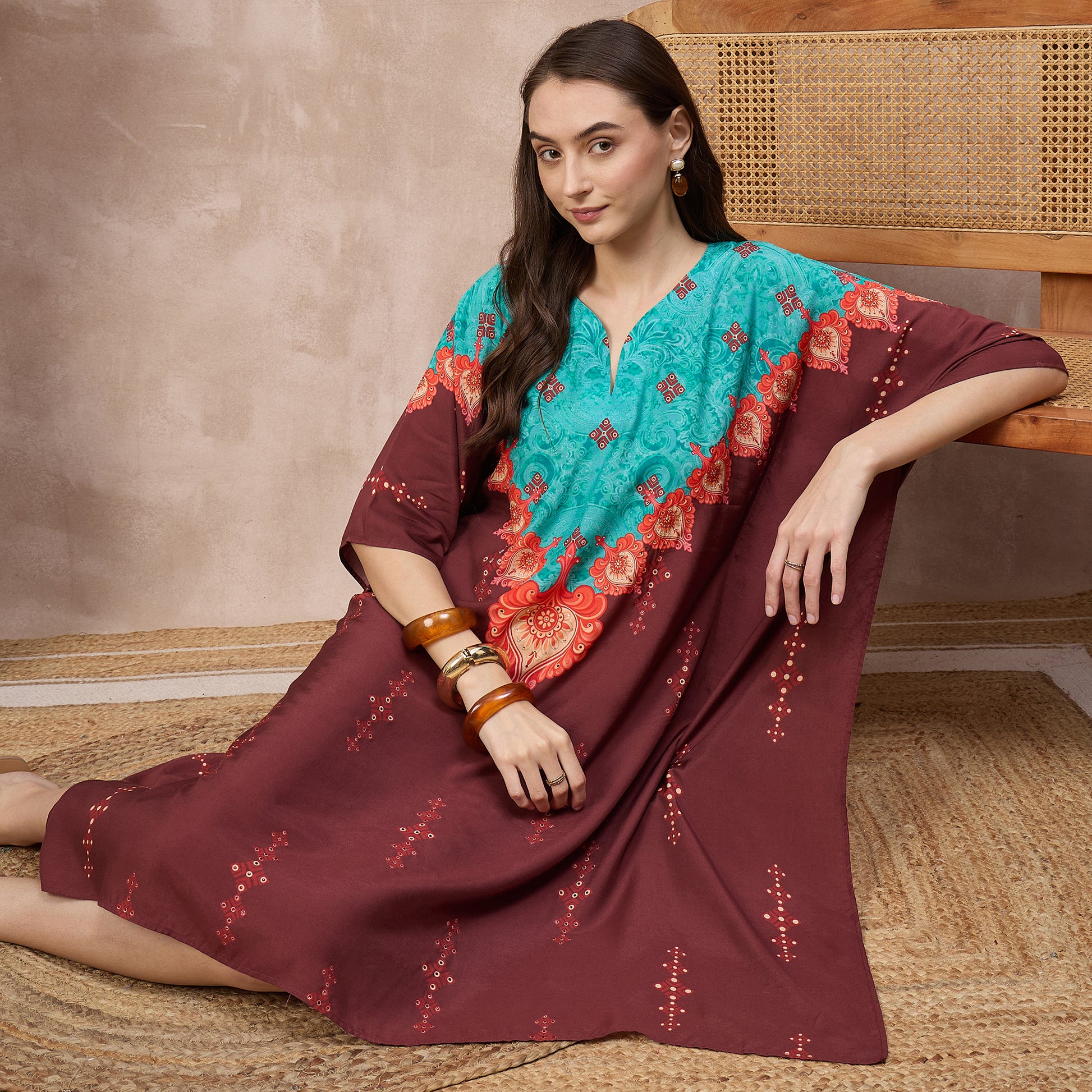 Maroon Floral Print Kaftan for Women – Bamberg Muslin – Back View | First Resort by Ramola Bachchan