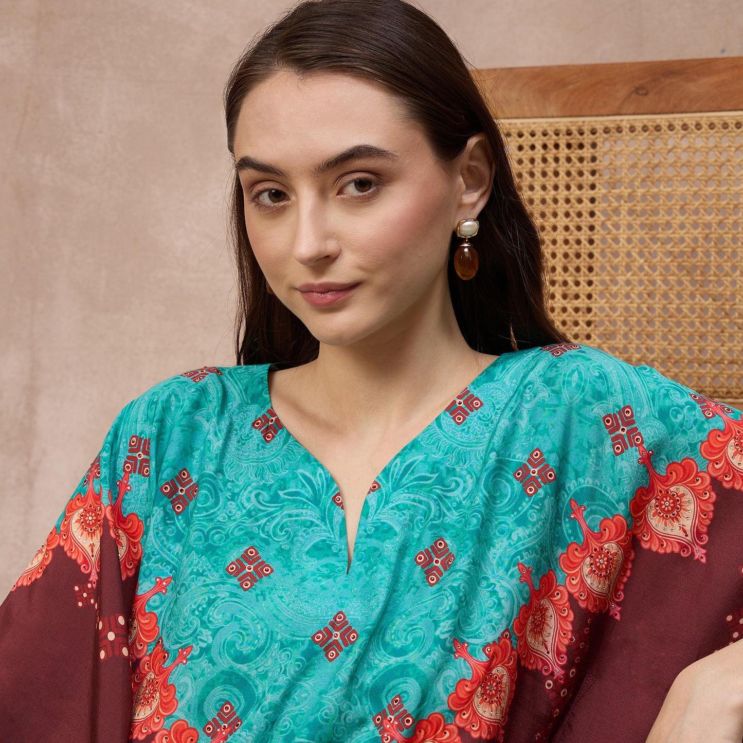 Maroon Floral Print Kaftan for Women – Bamberg Muslin – Close Up | First Resort by Ramola Bachchan