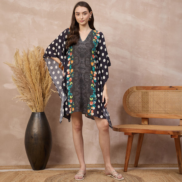Black Floral Print Kaftan for Women – Bamberg Muslin | First Resort by Ramola Bachchan