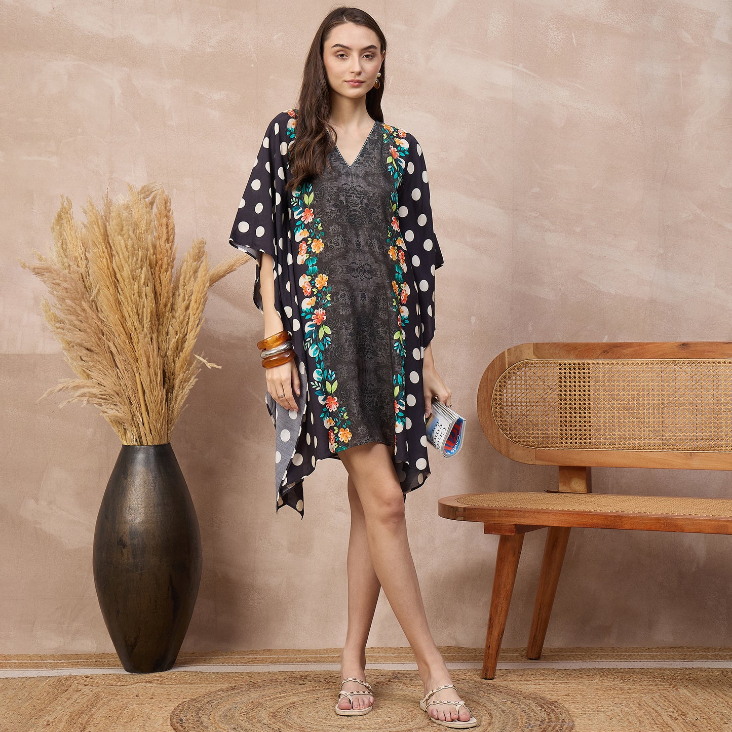 Black Floral Print Kaftan for Women – Bamberg Muslin – Front View | First Resort by Ramola Bachchan