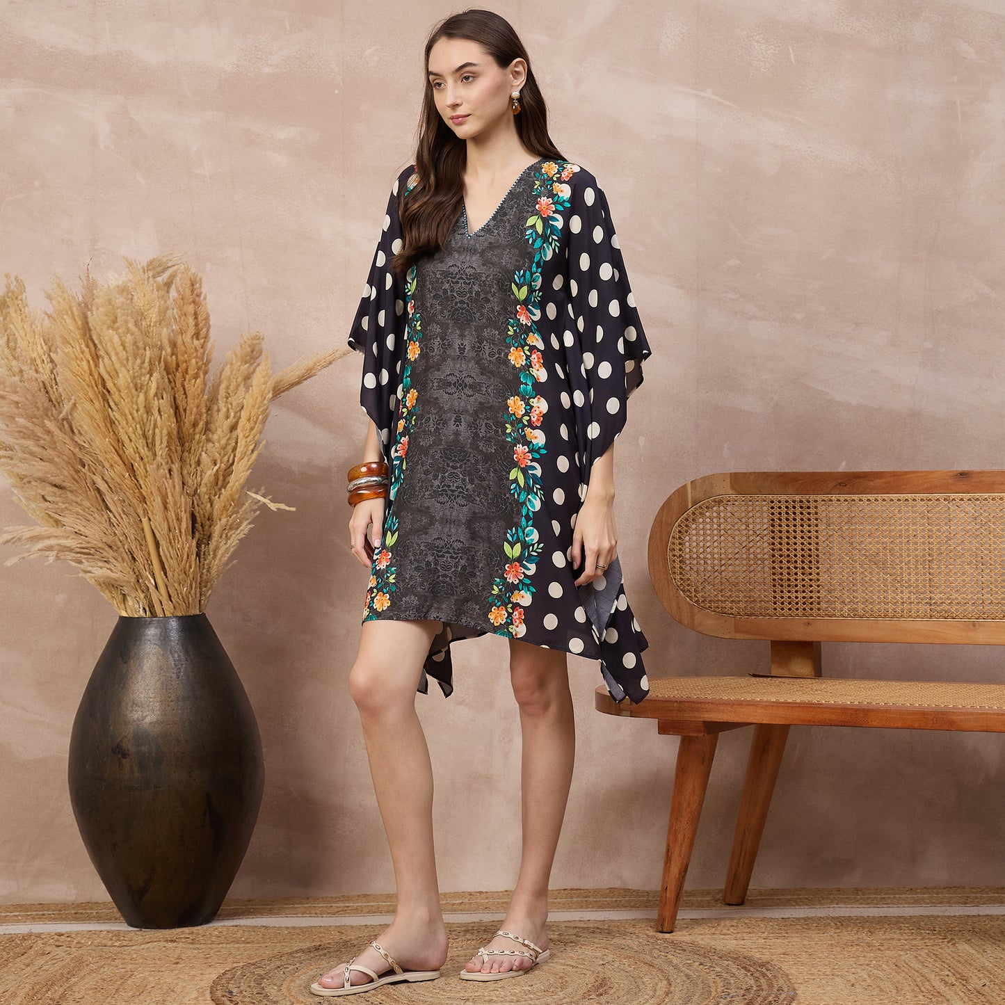Black Floral Print Kaftan for Women – Bamberg Muslin – Model View | First Resort by Ramola Bachchan