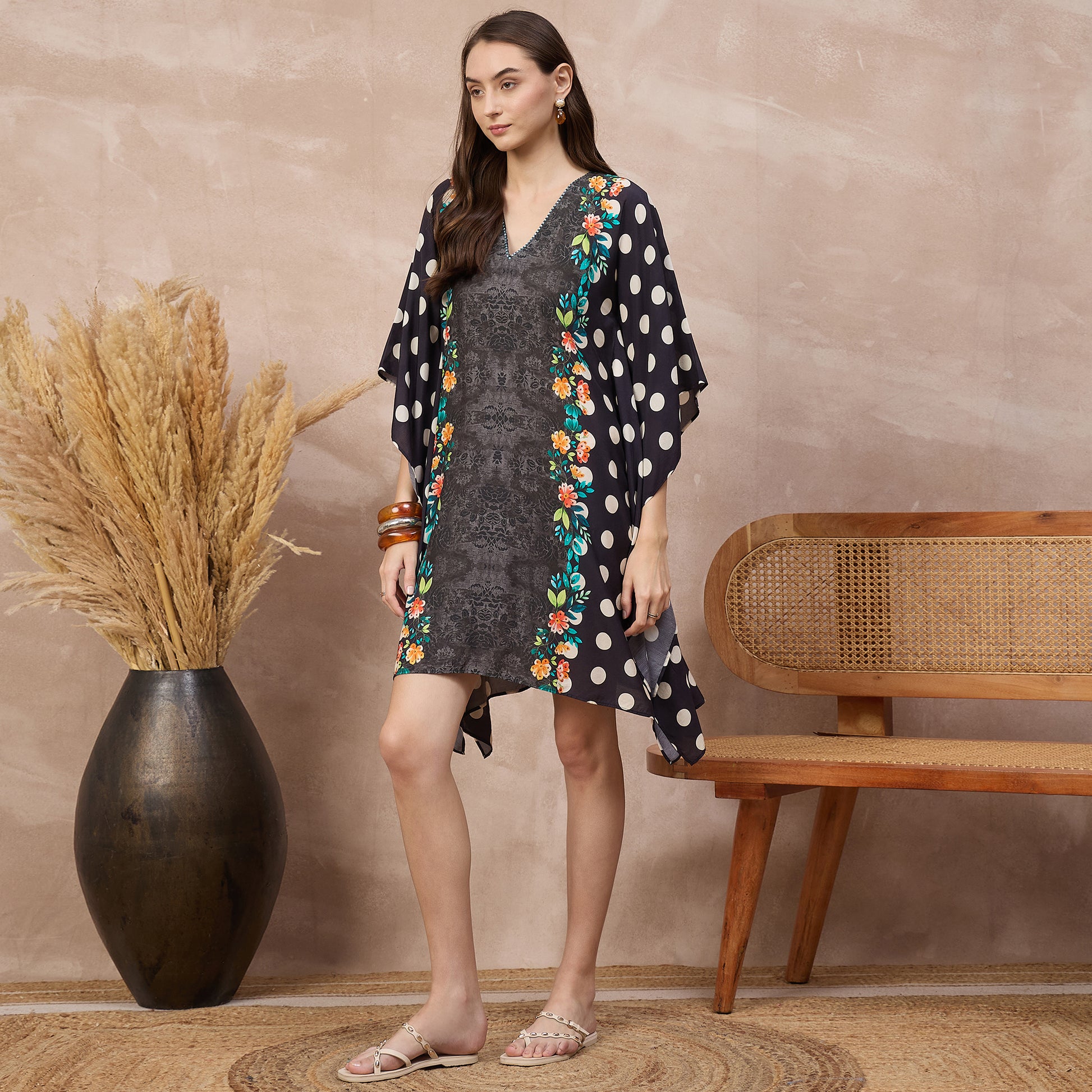 Black Floral Print Kaftan for Women – Bamberg Muslin – Model View | First Resort by Ramola Bachchan