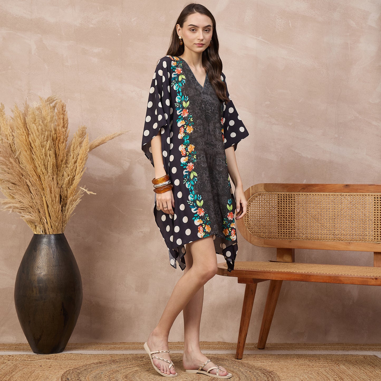 Black Floral Print Kaftan for Women – Bamberg Muslin – Side View | First Resort by Ramola Bachchan