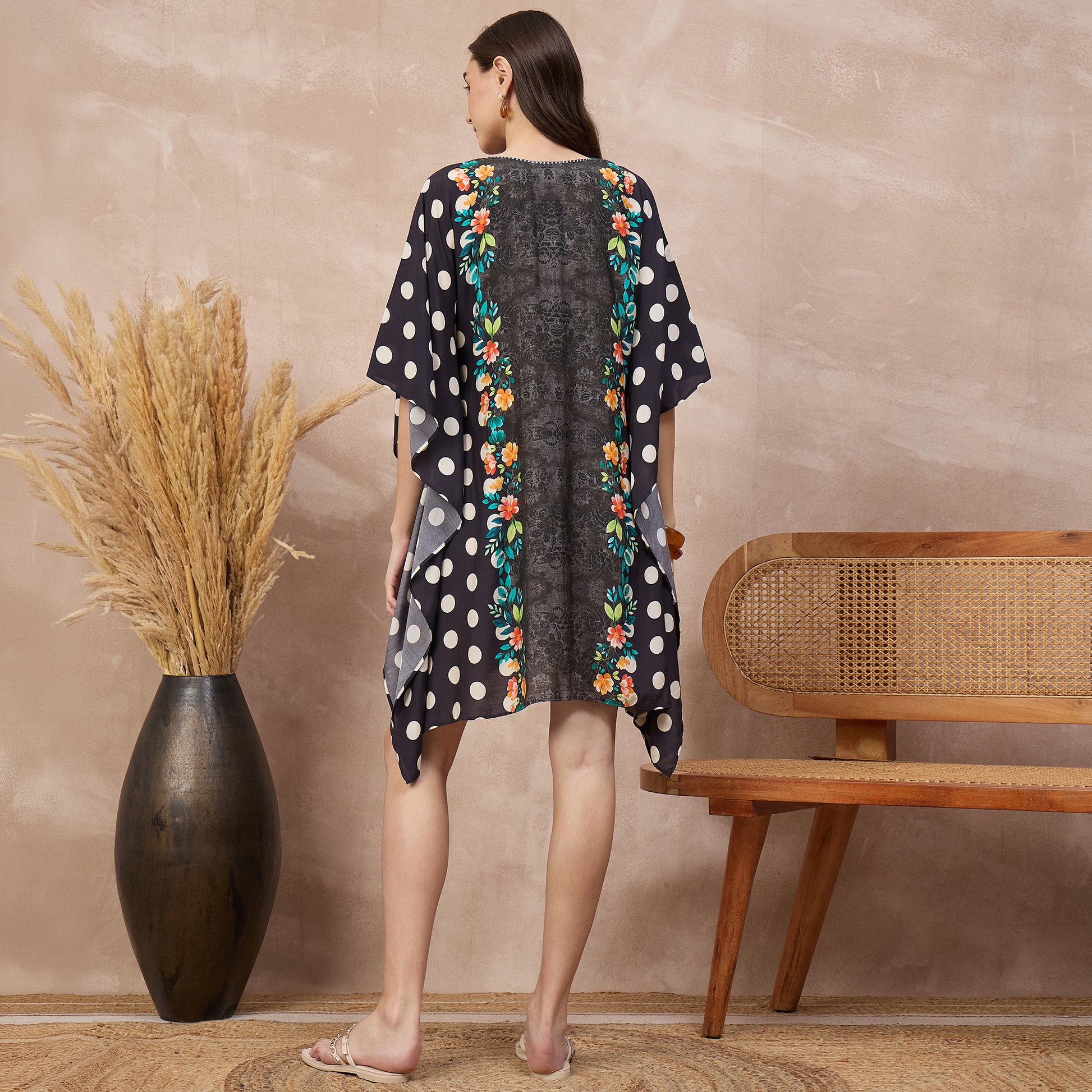 Black Floral Print Kaftan for Women – Bamberg Muslin – Detail View | First Resort by Ramola Bachchan