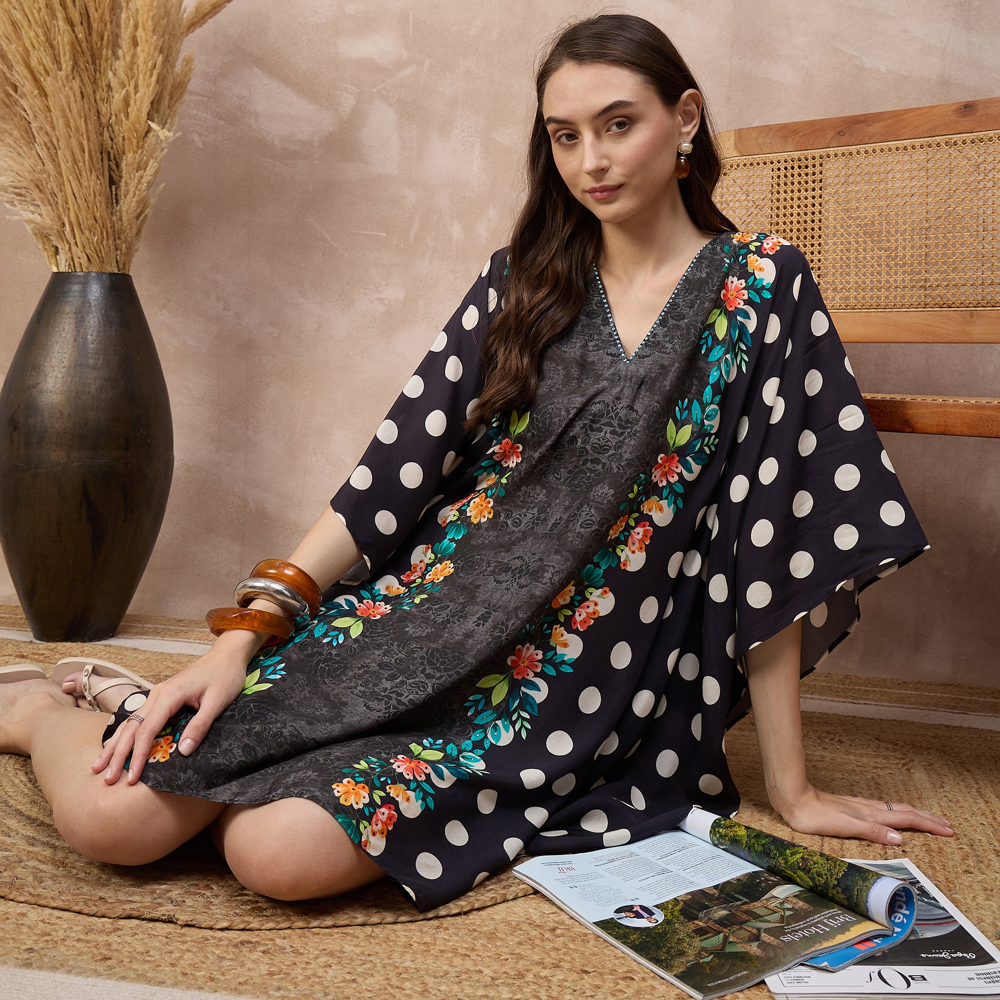Black Floral Print Kaftan for Women – Bamberg Muslin – Back View | First Resort by Ramola Bachchan