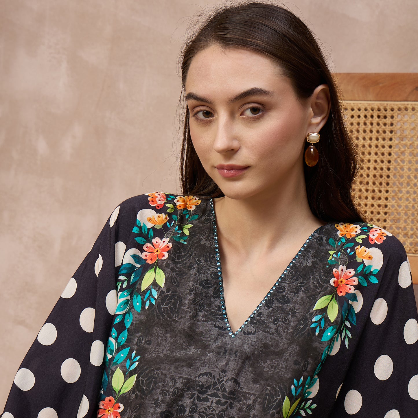 Black Floral Print Kaftan for Women – Bamberg Muslin – Close Up | First Resort by Ramola Bachchan