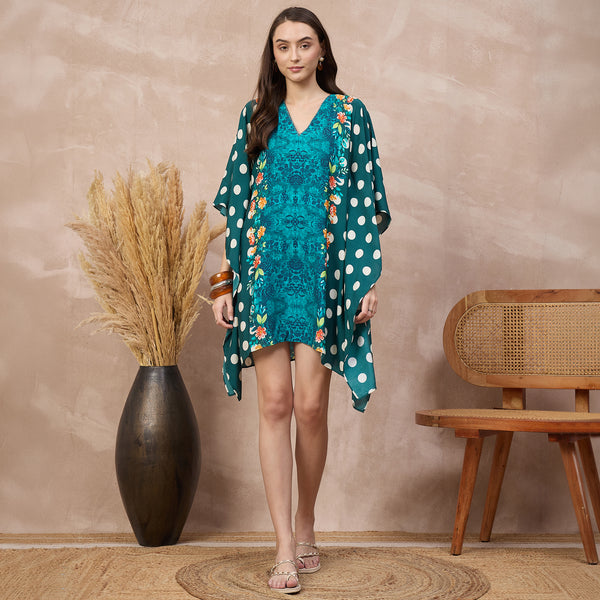 Teal Floral Print Kaftan for Women – Bamberg Muslin | First Resort by Ramola Bachchan