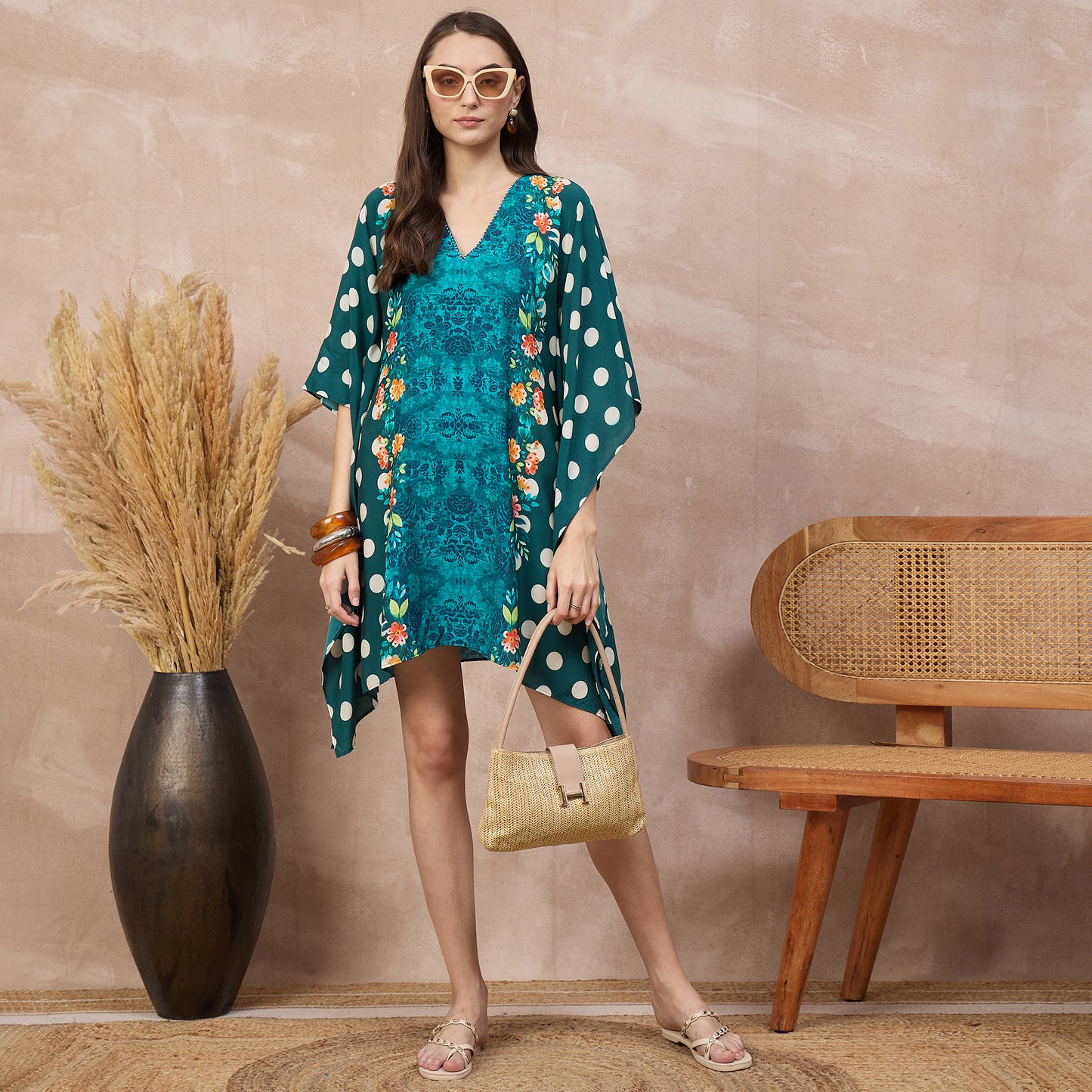 Teal Floral Print Kaftan for Women – Bamberg Muslin – Front View | First Resort by Ramola Bachchan