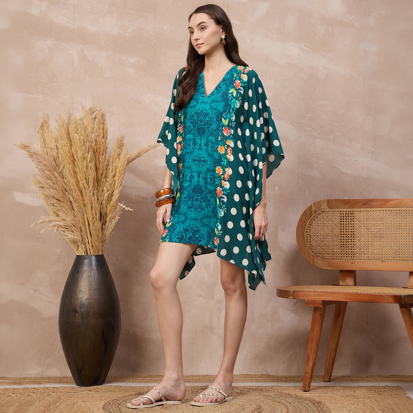 Teal Floral Print Kaftan for Women – Bamberg Muslin – Model View | First Resort by Ramola Bachchan
