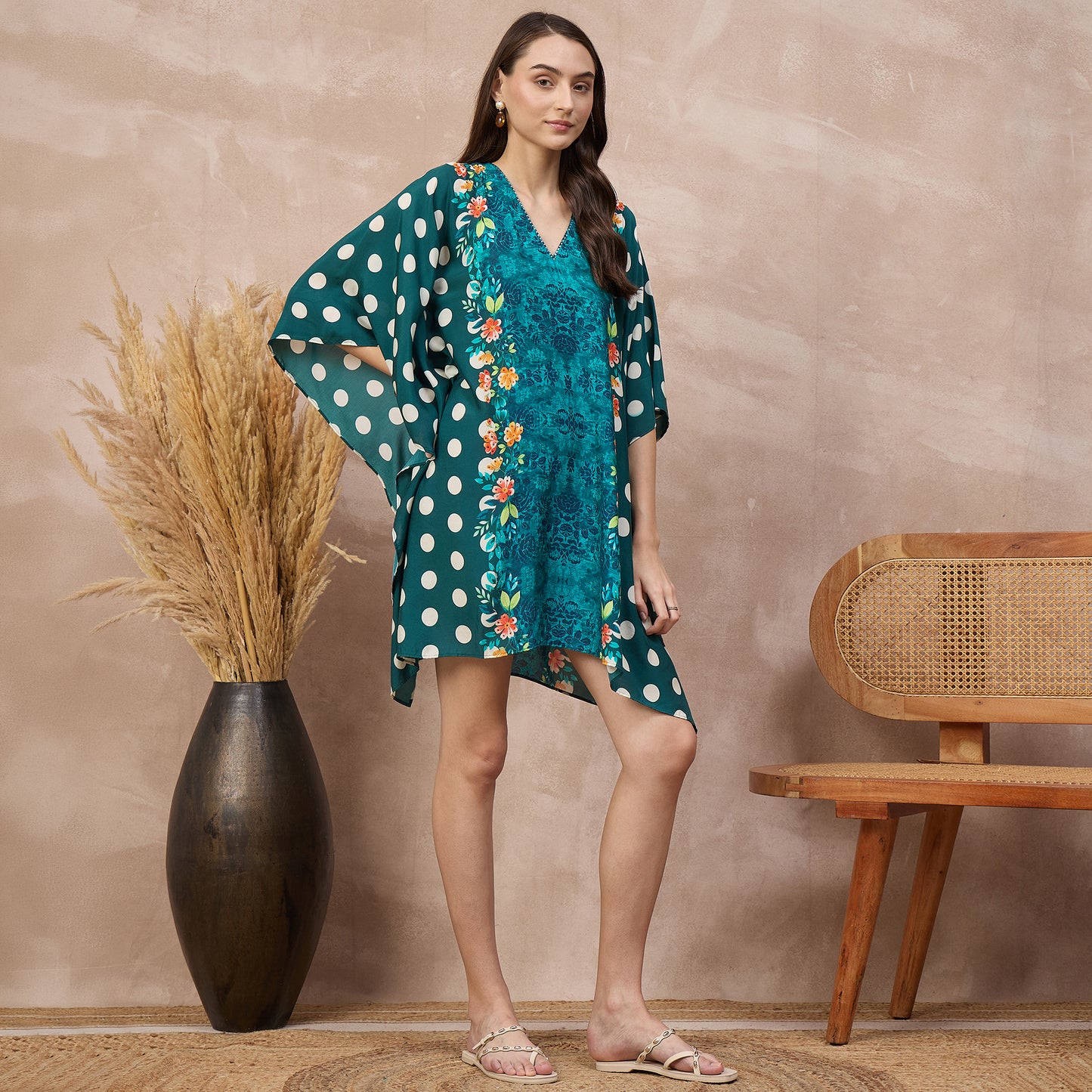 Teal Floral Print Kaftan for Women – Bamberg Muslin – Side View | First Resort by Ramola Bachchan