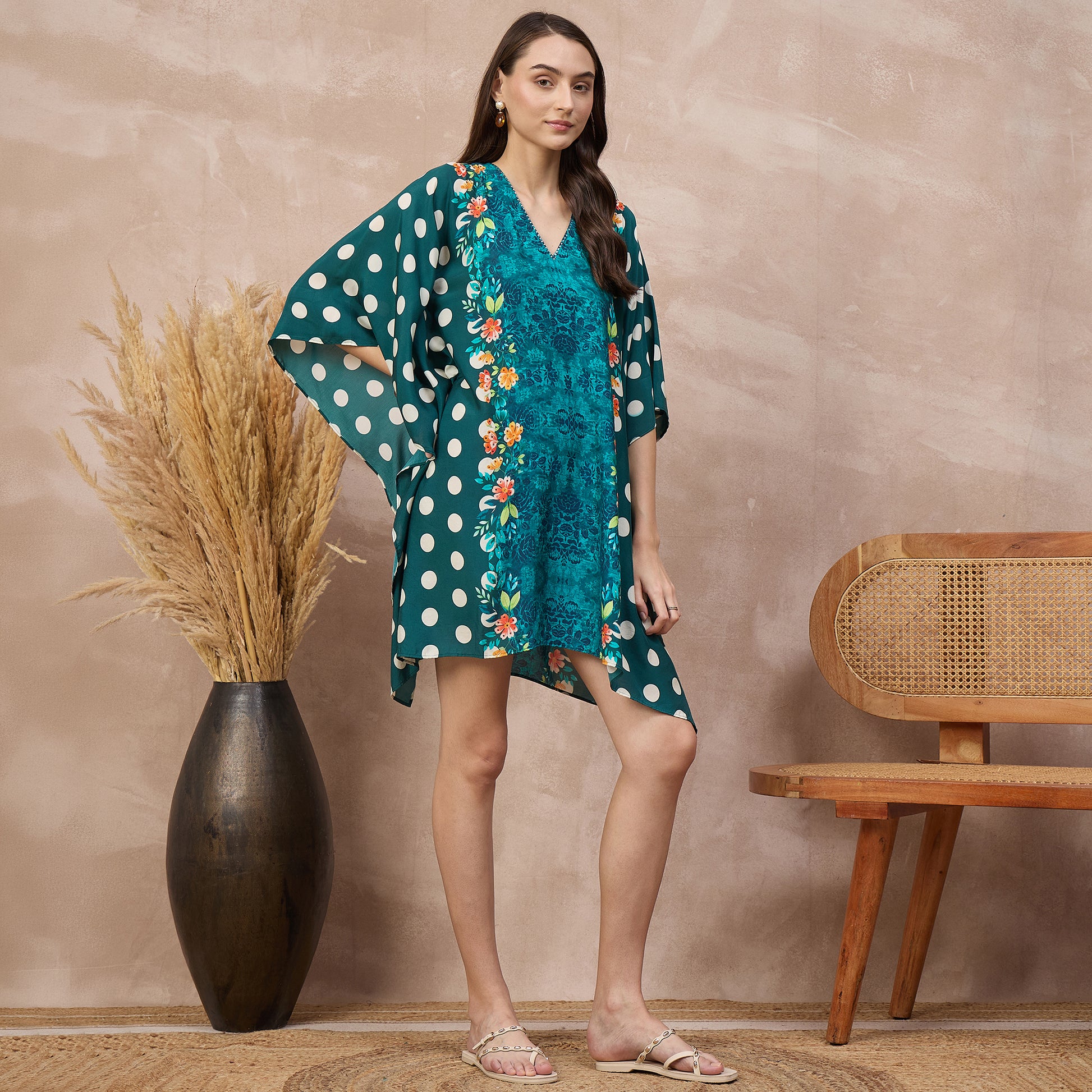 Teal Floral Print Kaftan for Women – Bamberg Muslin – Side View | First Resort by Ramola Bachchan