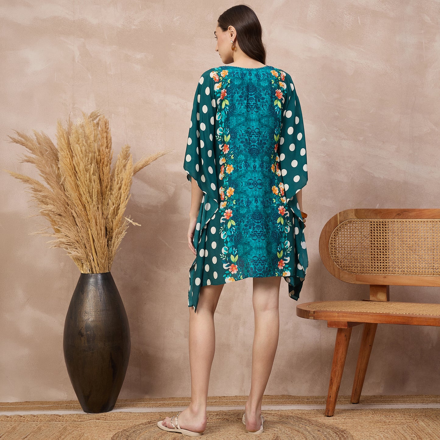 Teal Floral Print Kaftan for Women – Bamberg Muslin – Detail View | First Resort by Ramola Bachchan