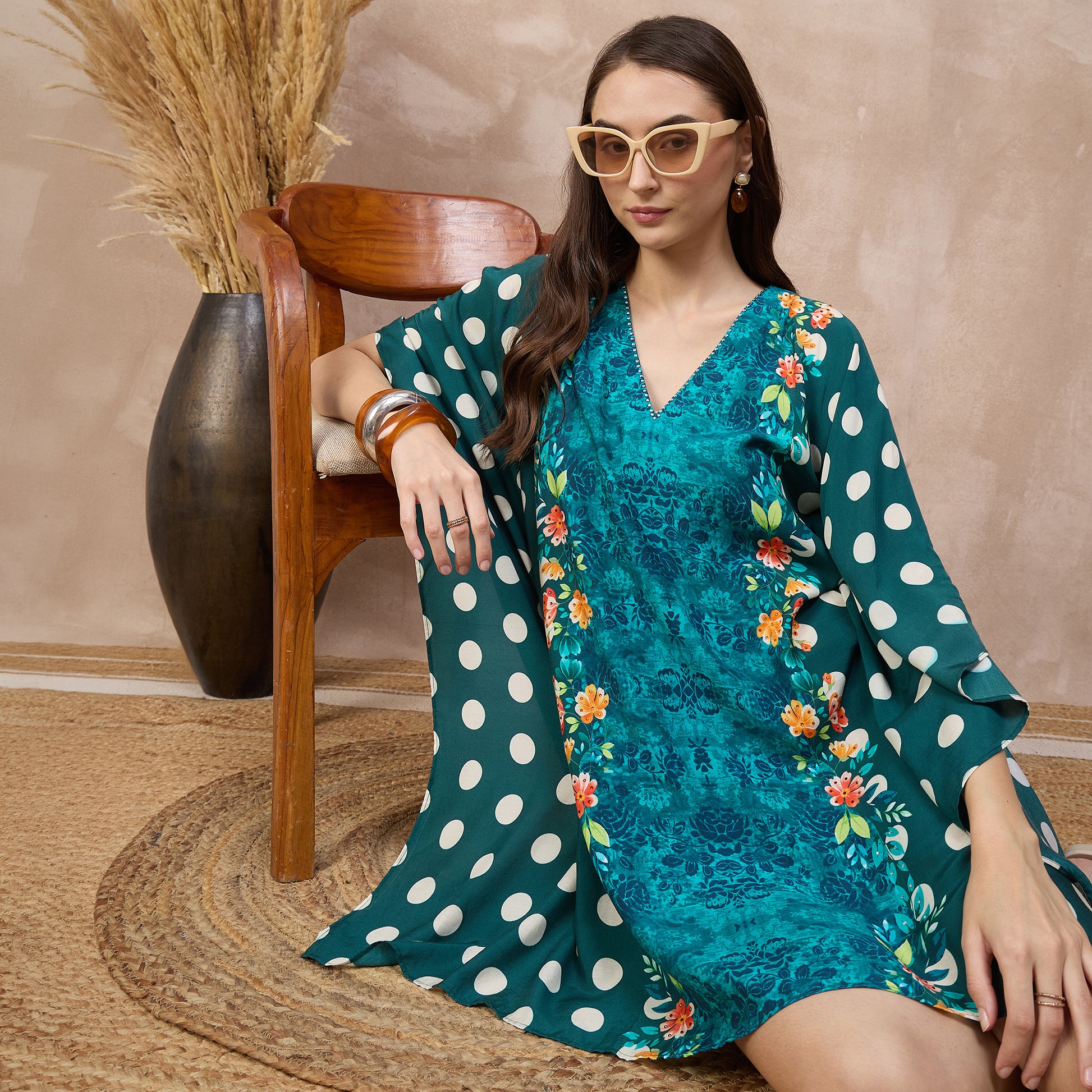 Teal Floral Print Kaftan for Women – Bamberg Muslin – Back View | First Resort by Ramola Bachchan