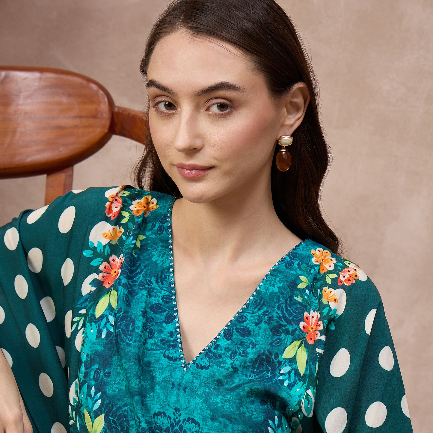 Teal Floral Print Kaftan for Women – Bamberg Muslin – Close Up | First Resort by Ramola Bachchan
